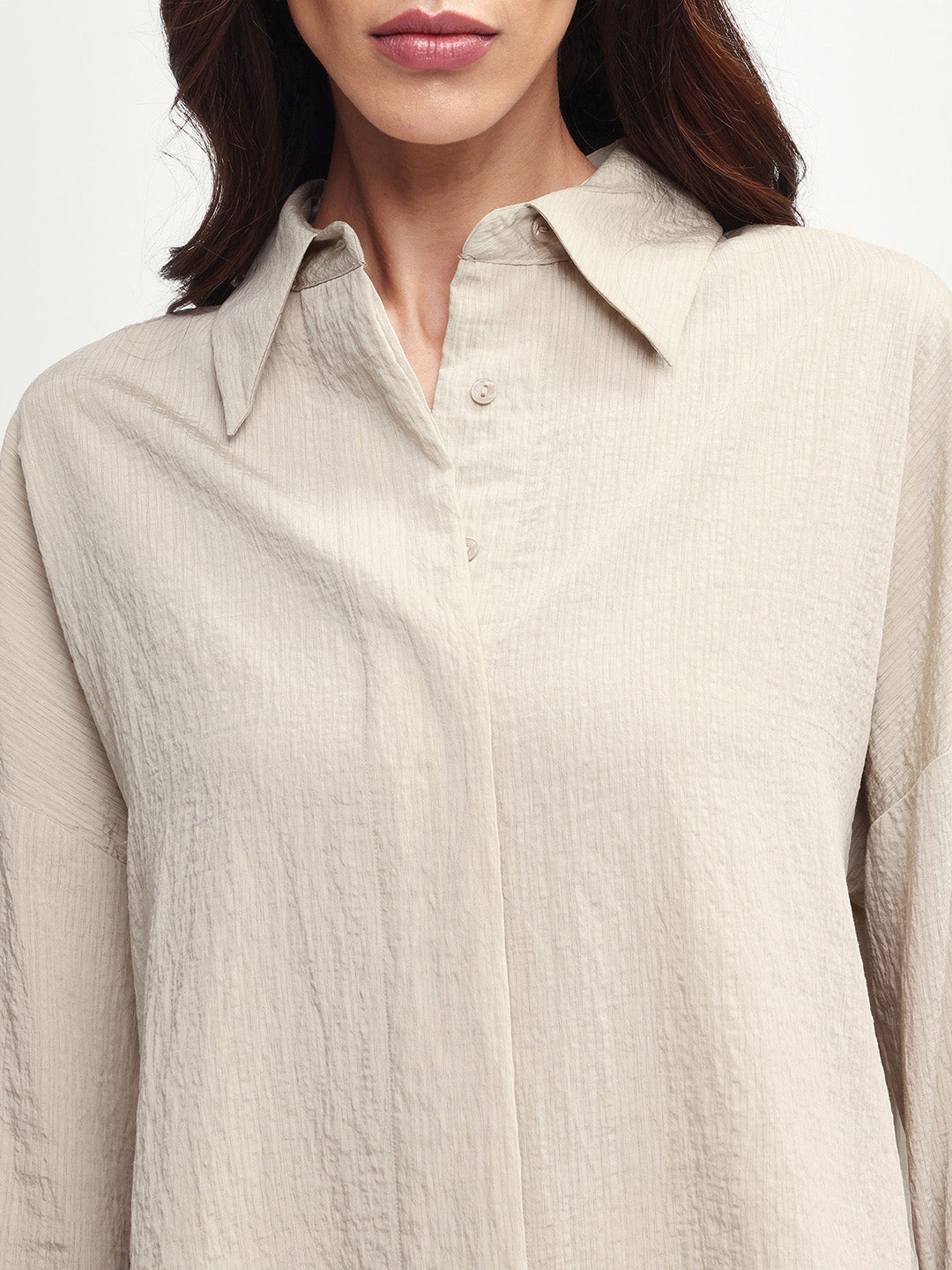 Rareism Women's Davi Beige Viscose Blend Full Sleeve Spread Collar Button Oversized Plain Shirt