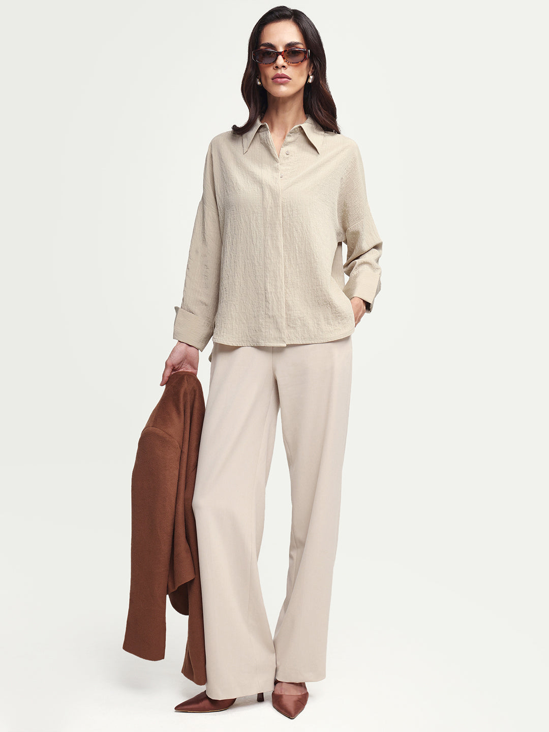 Rareism Women's Davi Beige Viscose Blend Full Sleeve Spread Collar Button Oversized Plain Shirt