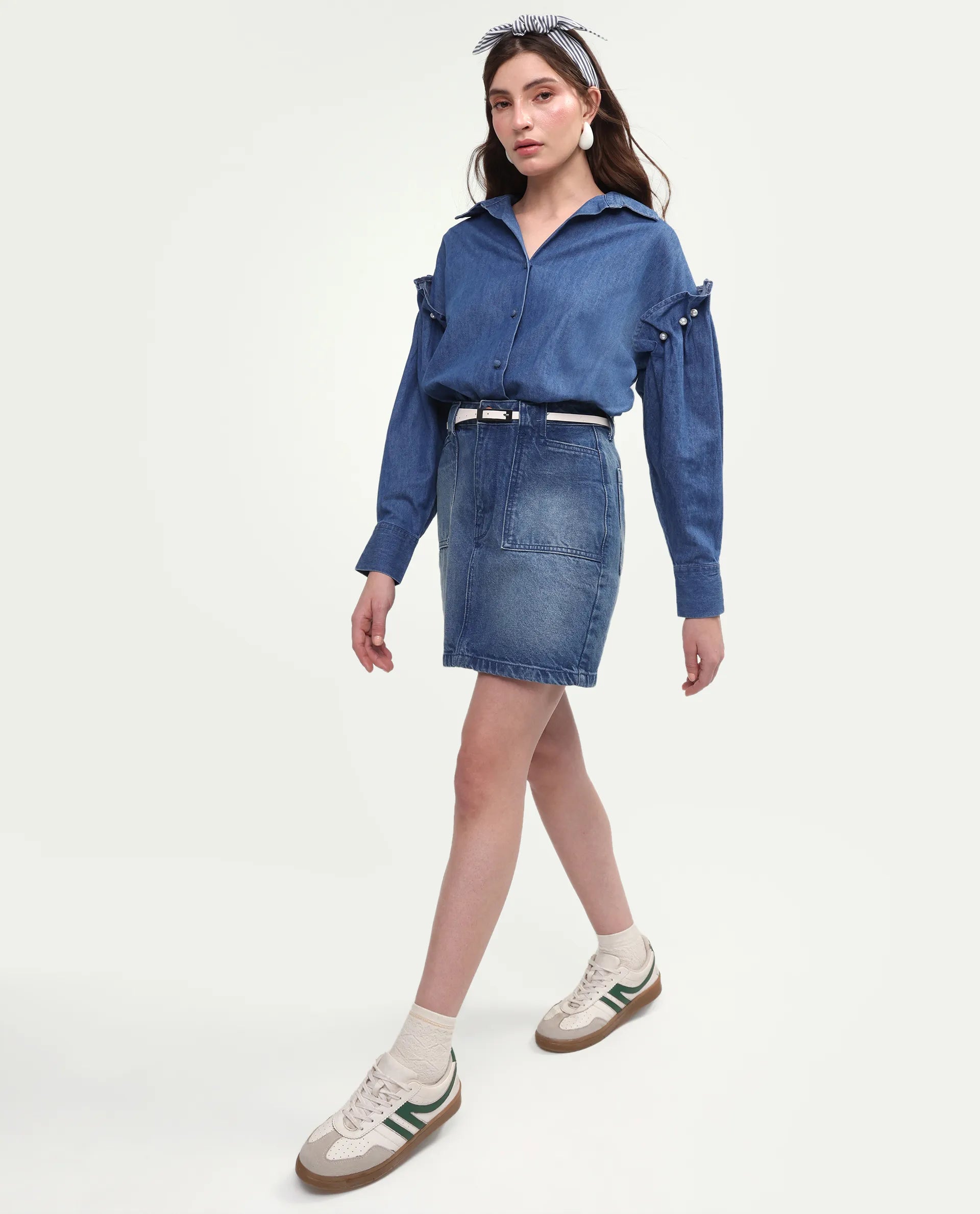 Rareism Women's Denfila Light Blue Cotton Full Sleeve Spread Collar Regular Fit Shirt