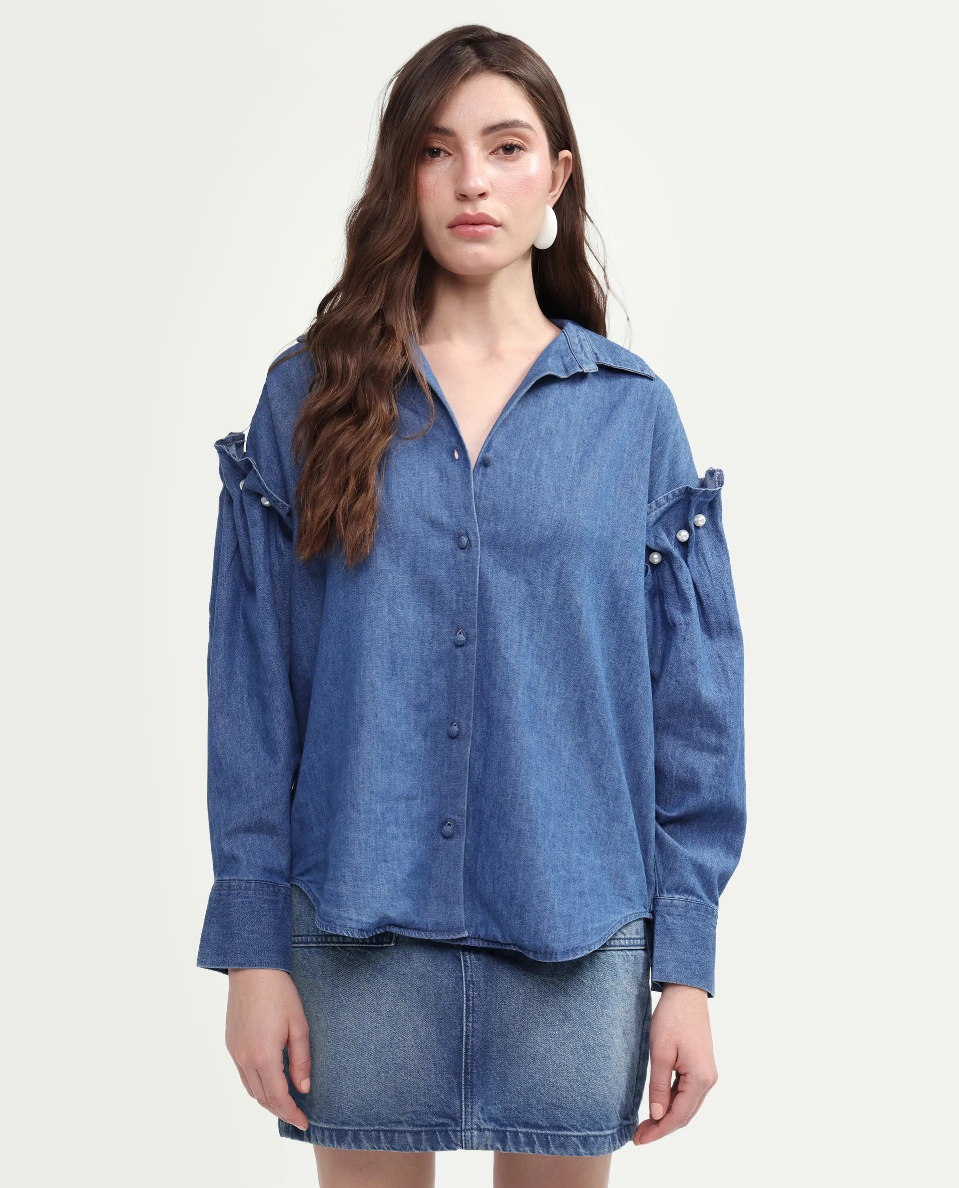 Rareism Women's Denfila Light Blue Cotton Full Sleeve Spread Collar Regular Fit Shirt