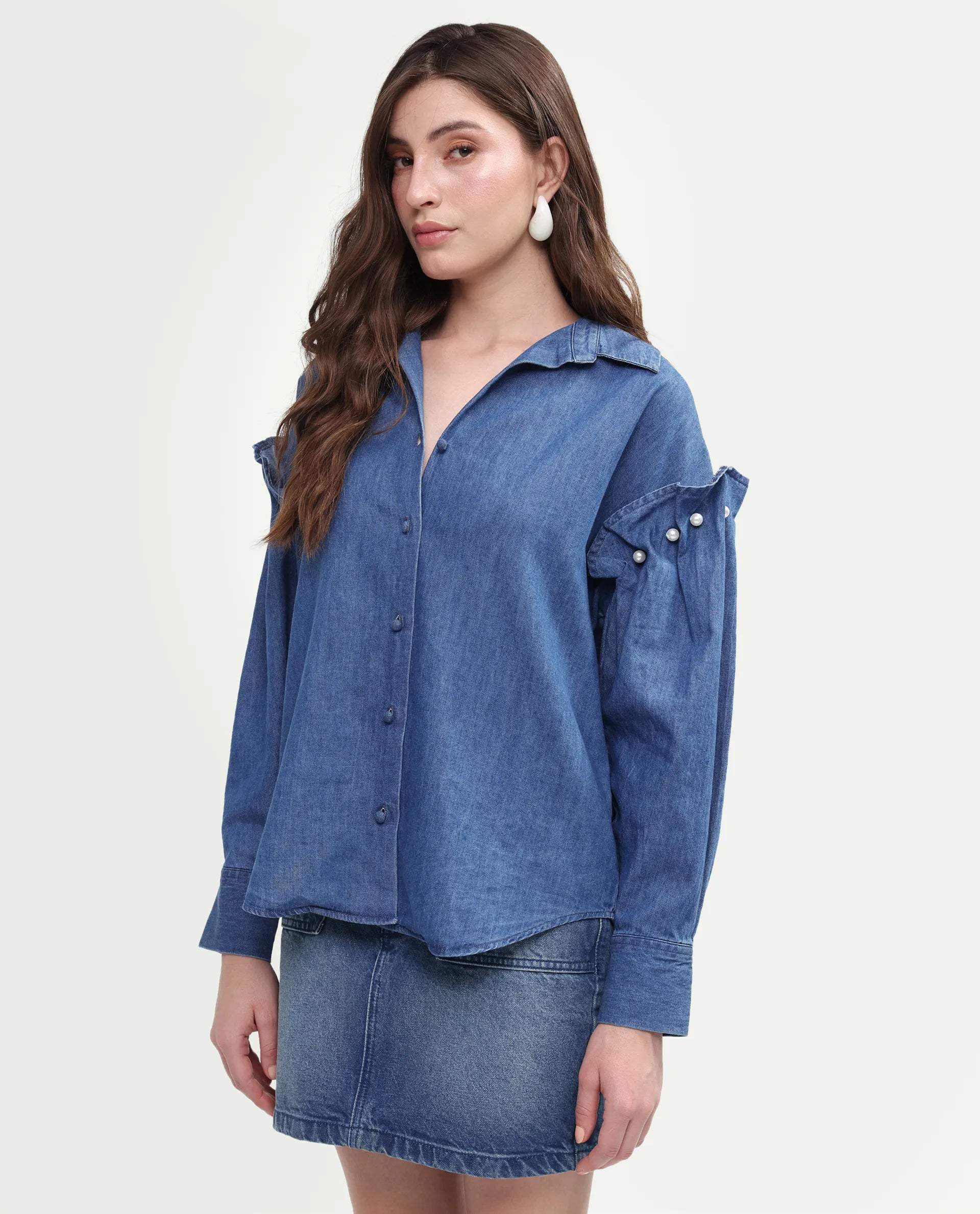 Rareism Women's Denfila Light Blue Cotton Full Sleeve Spread Collar Regular Fit Shirt