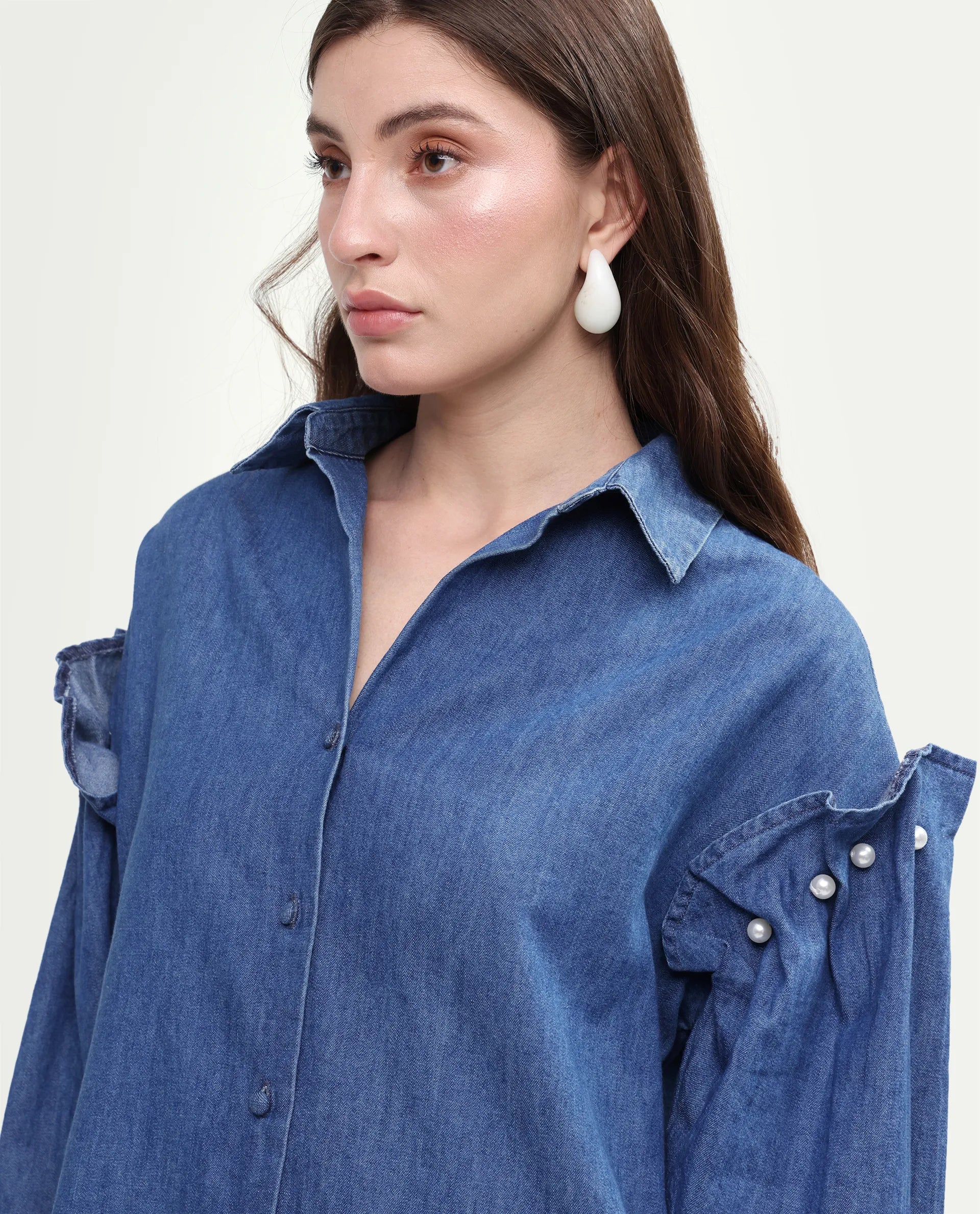 Rareism Women's Denfila Light Blue Cotton Full Sleeve Spread Collar Regular Fit Shirt