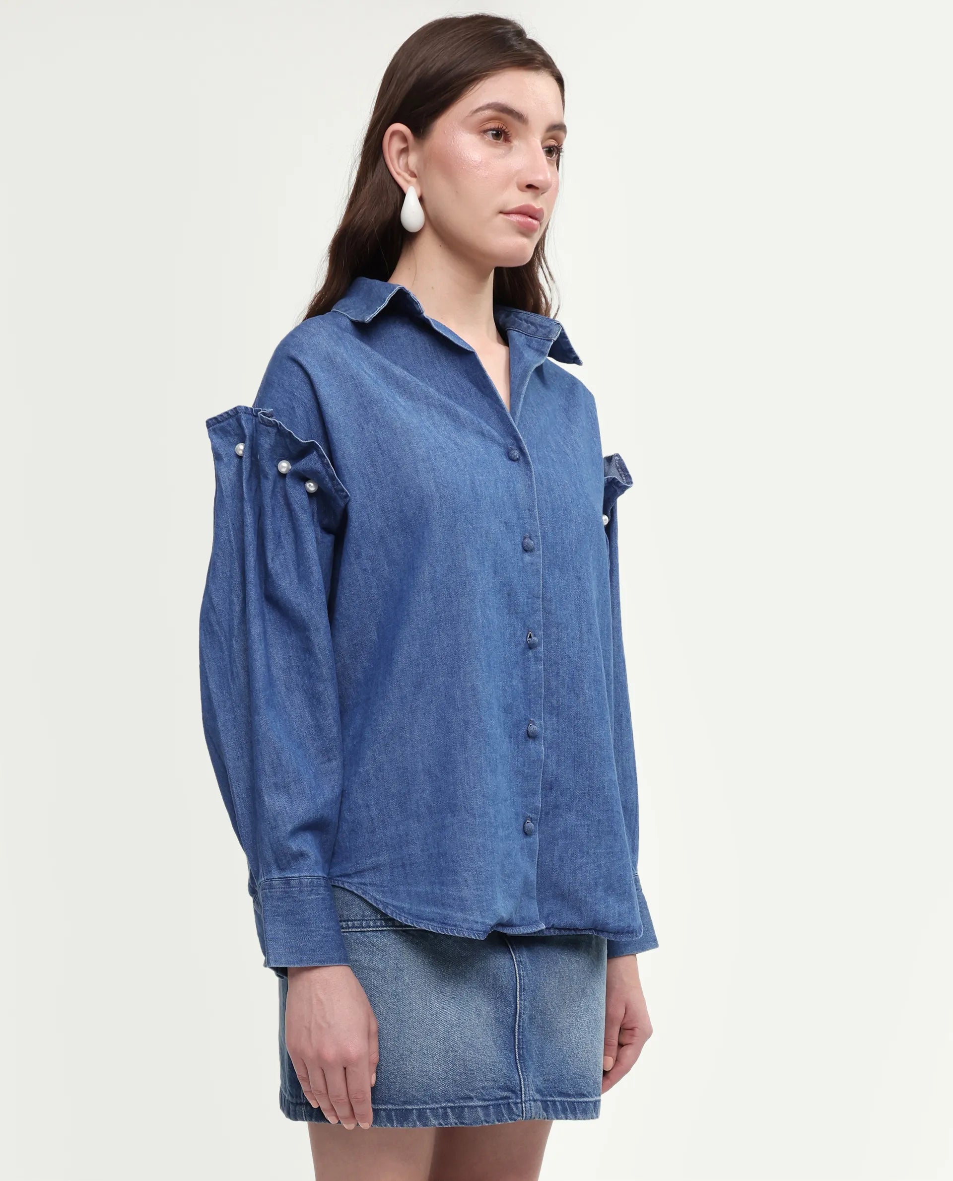 Rareism Women's Denfila Light Blue Cotton Full Sleeve Spread Collar Regular Fit Shirt