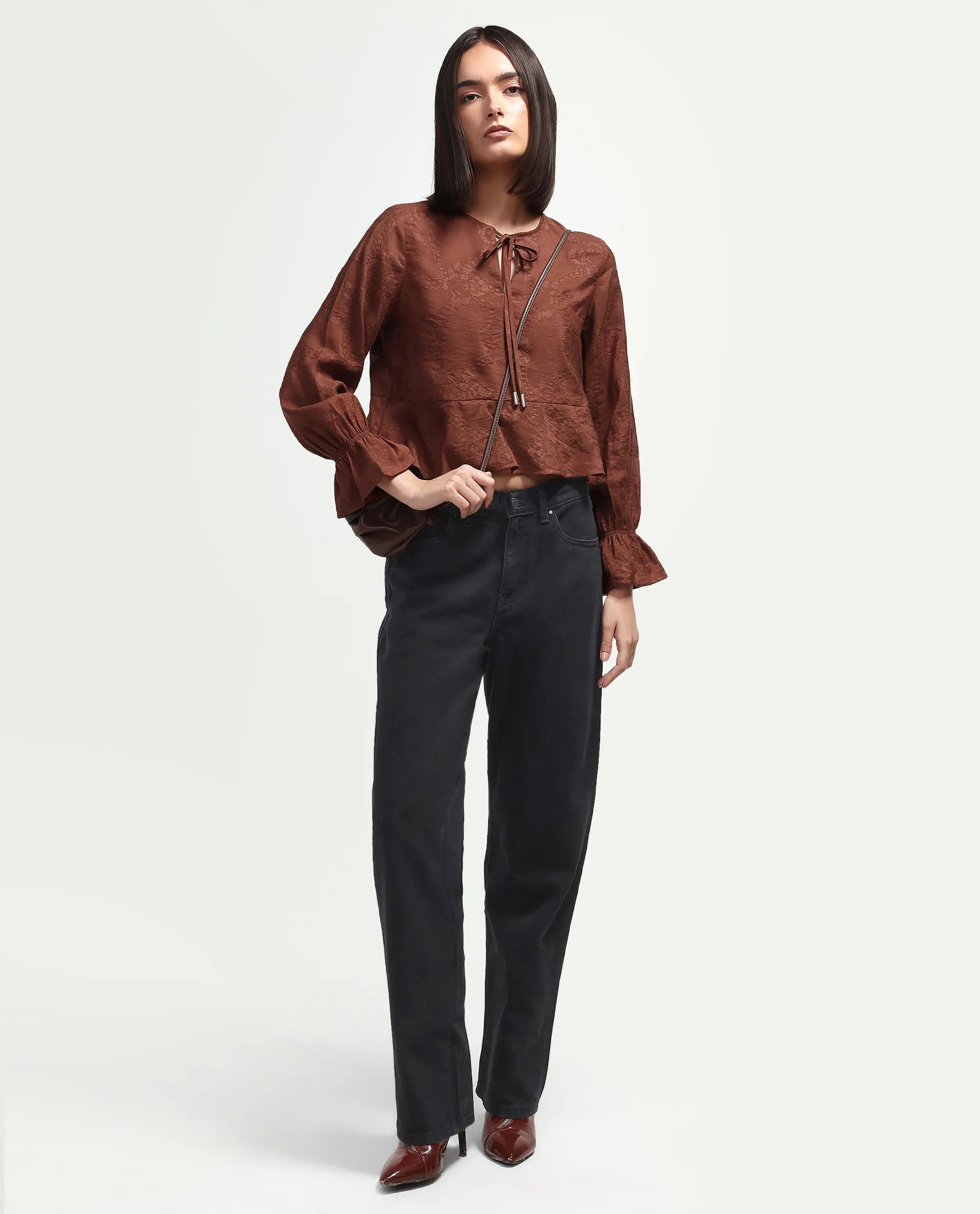 Rareism Women's Daro Rust Viscose Blend Tie-Up Regular Plain Top