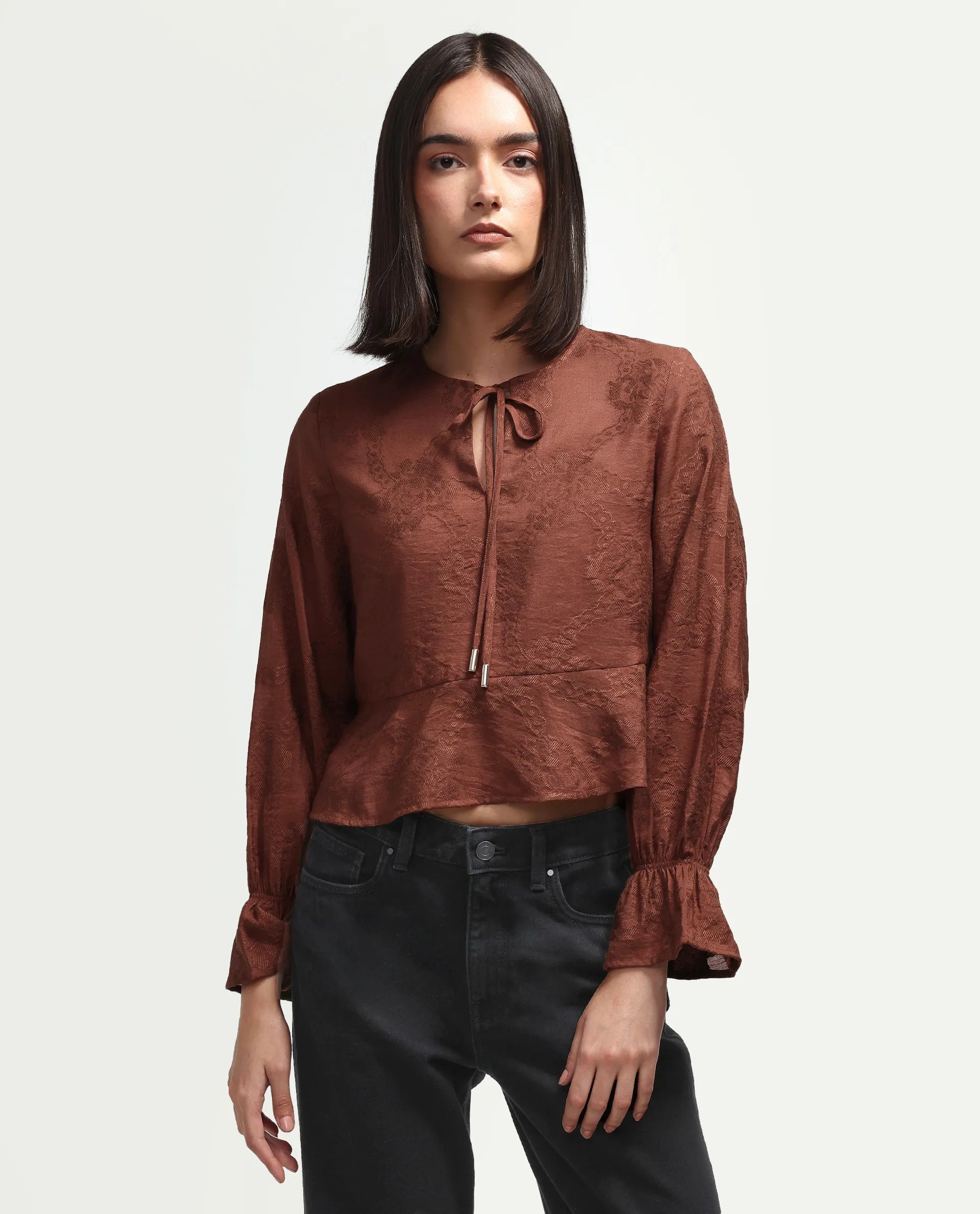 Rareism Women's Daro Rust Viscose Blend Tie-Up Regular Plain Top