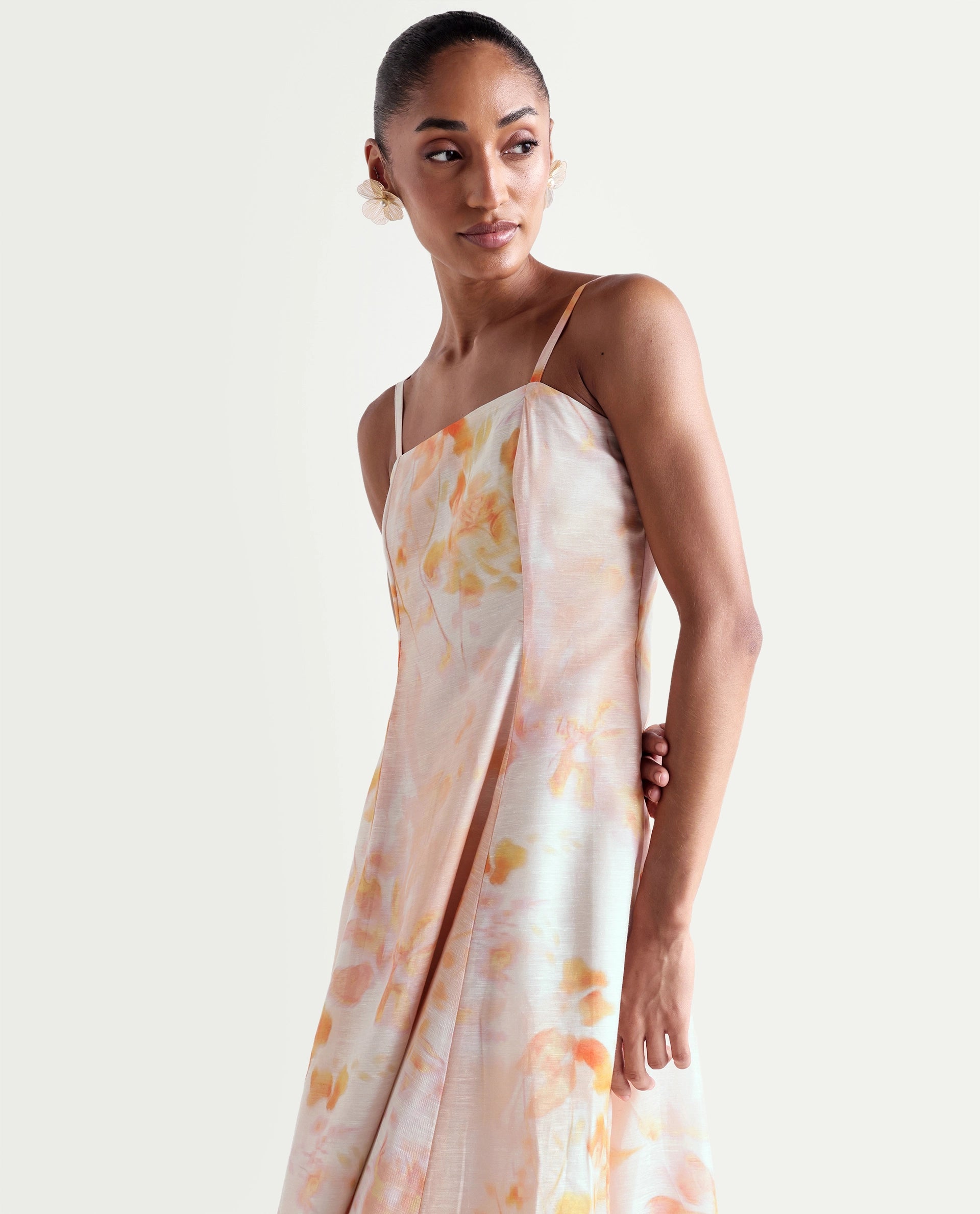 Rareism Women's Heth Pastel Peach Linen Blend Square Neck Fit And Flare All Over Print Dress