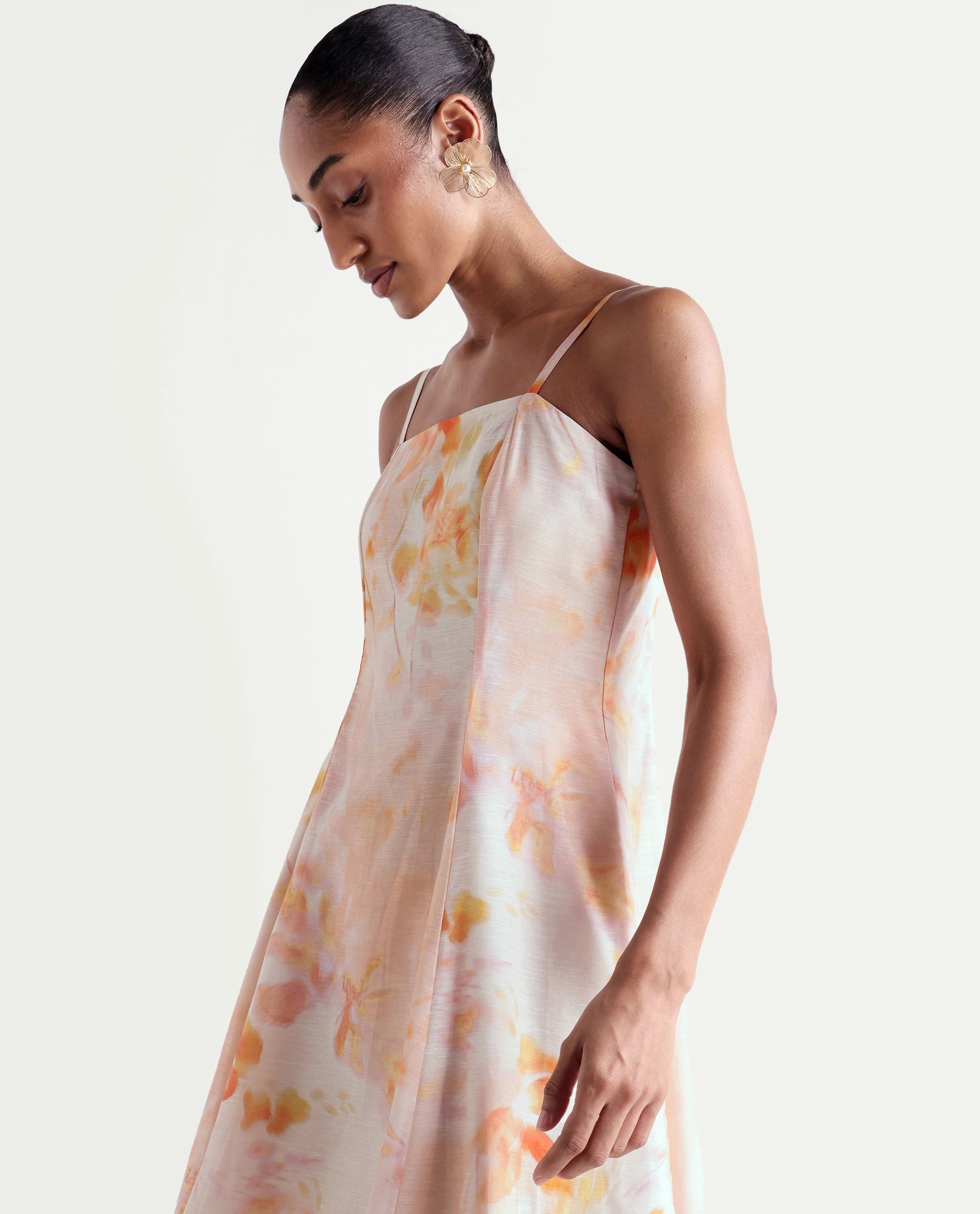 Rareism Women's Heth Pastel Peach Linen Blend Square Neck Fit And Flare All Over Print Dress