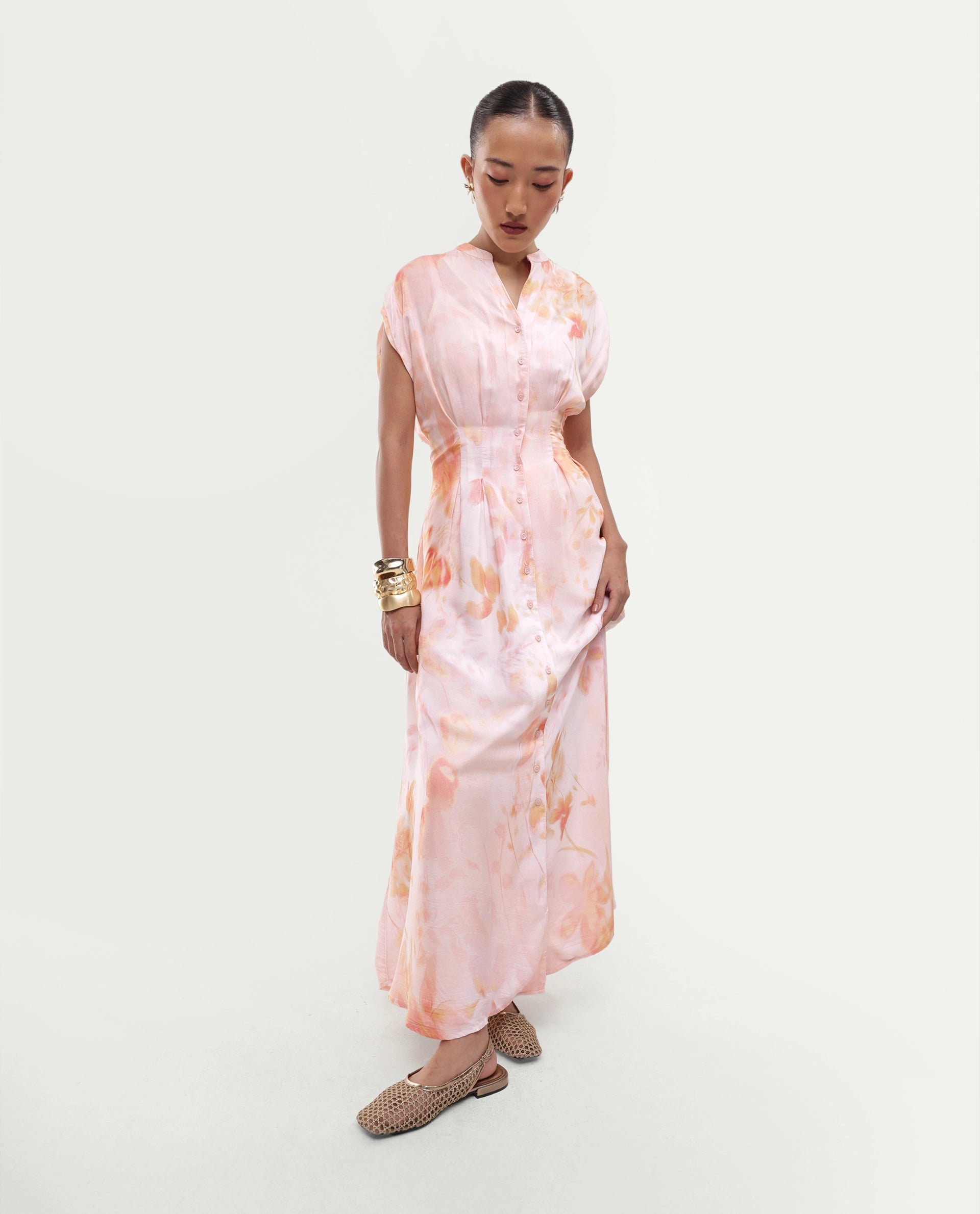Rareism Women's Houxa Pastel Peach Viscose Blend Fabric Band Collar Fit And Flare Ombre Dress