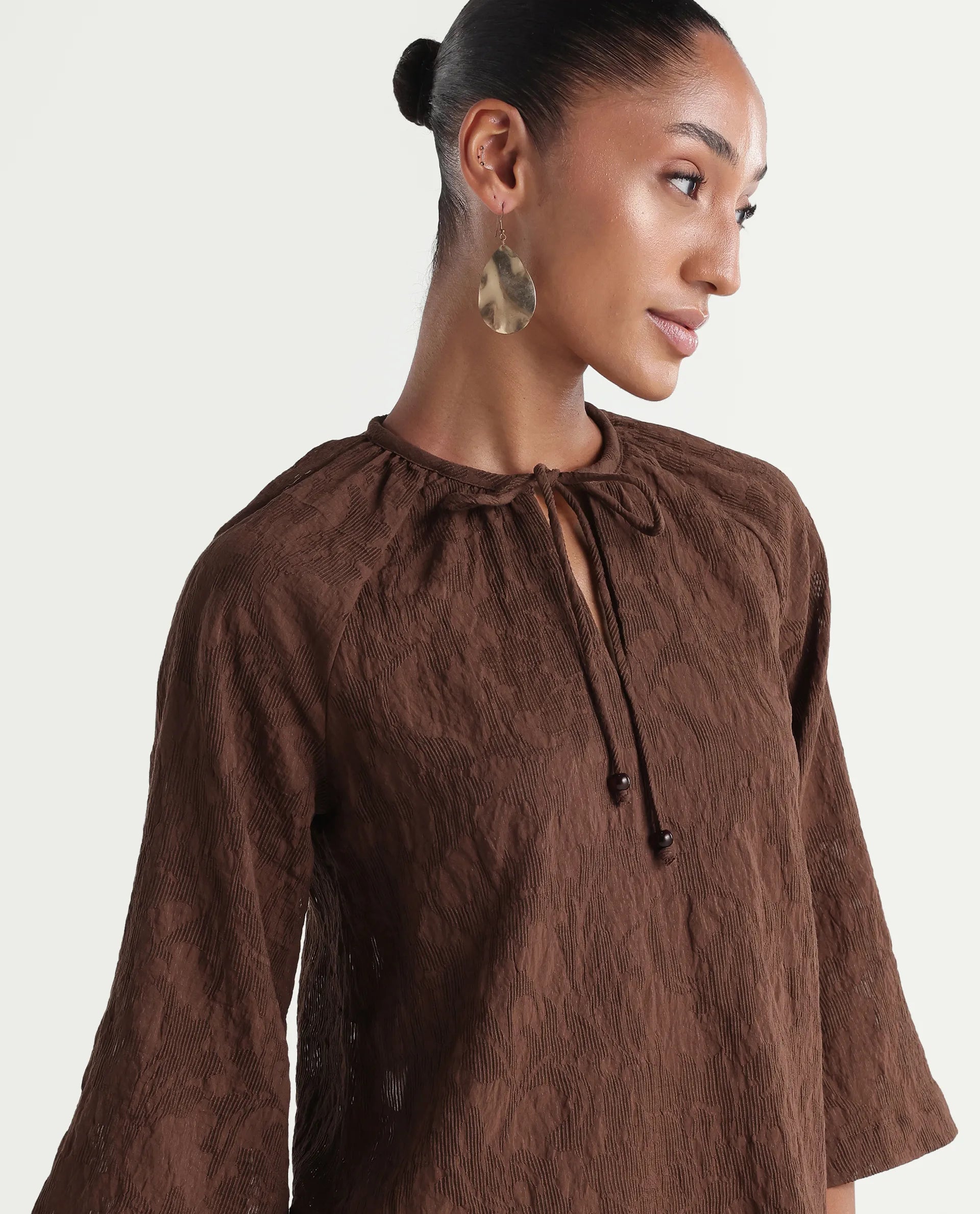 Rareism Women's Rucos Brown Viscose Blend Crew Neck Relaxed Jacquard Top