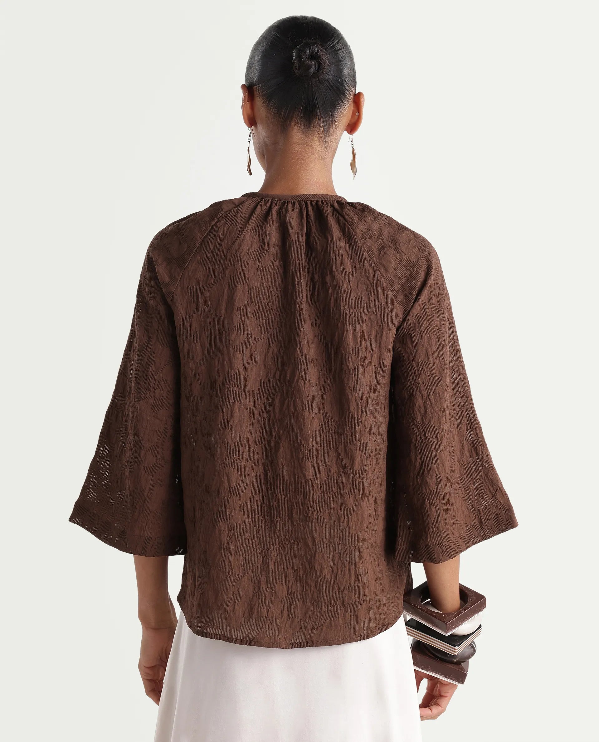 Rareism Women's Rucos Brown Viscose Blend Crew Neck Relaxed Jacquard Top