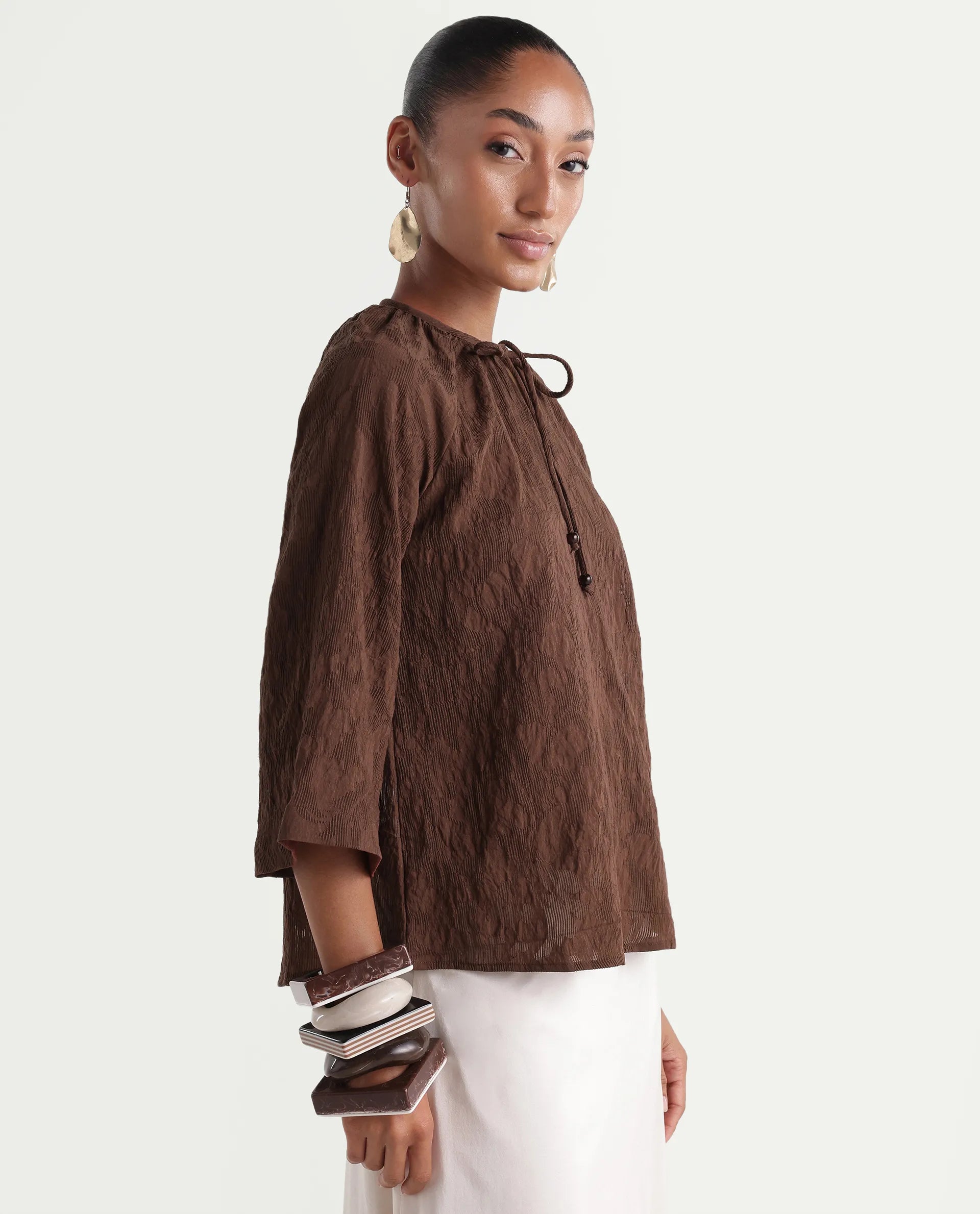 Rareism Women's Rucos Brown Viscose Blend Crew Neck Relaxed Jacquard Top