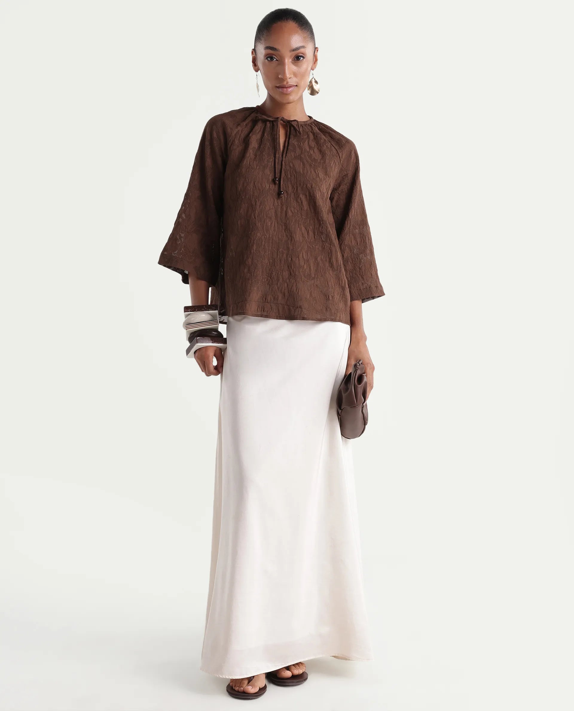 Rareism Women's Rucos Brown Viscose Blend Crew Neck Relaxed Jacquard Top