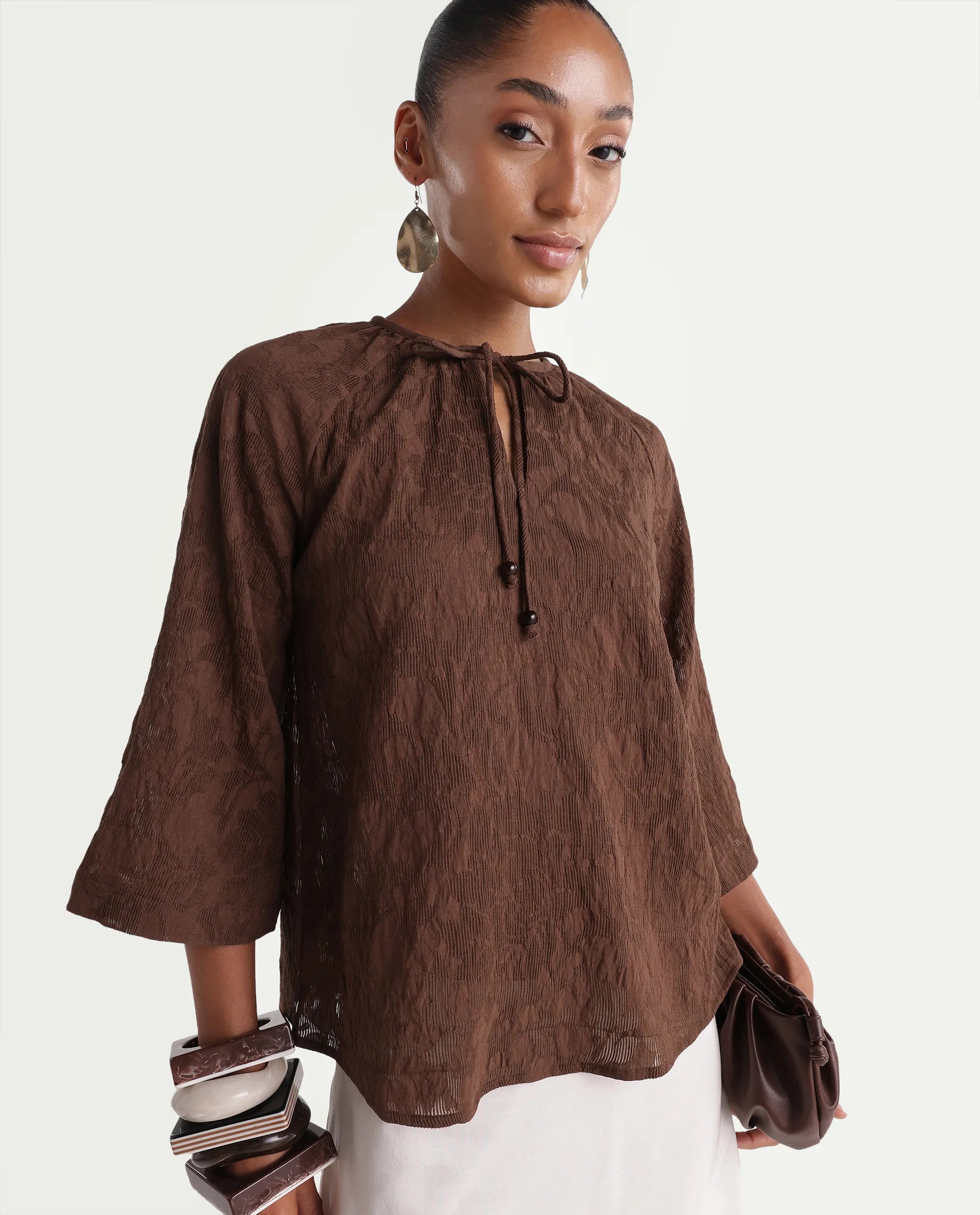 Rareism Women's Rucos Brown Viscose Blend Crew Neck Relaxed Jacquard Top