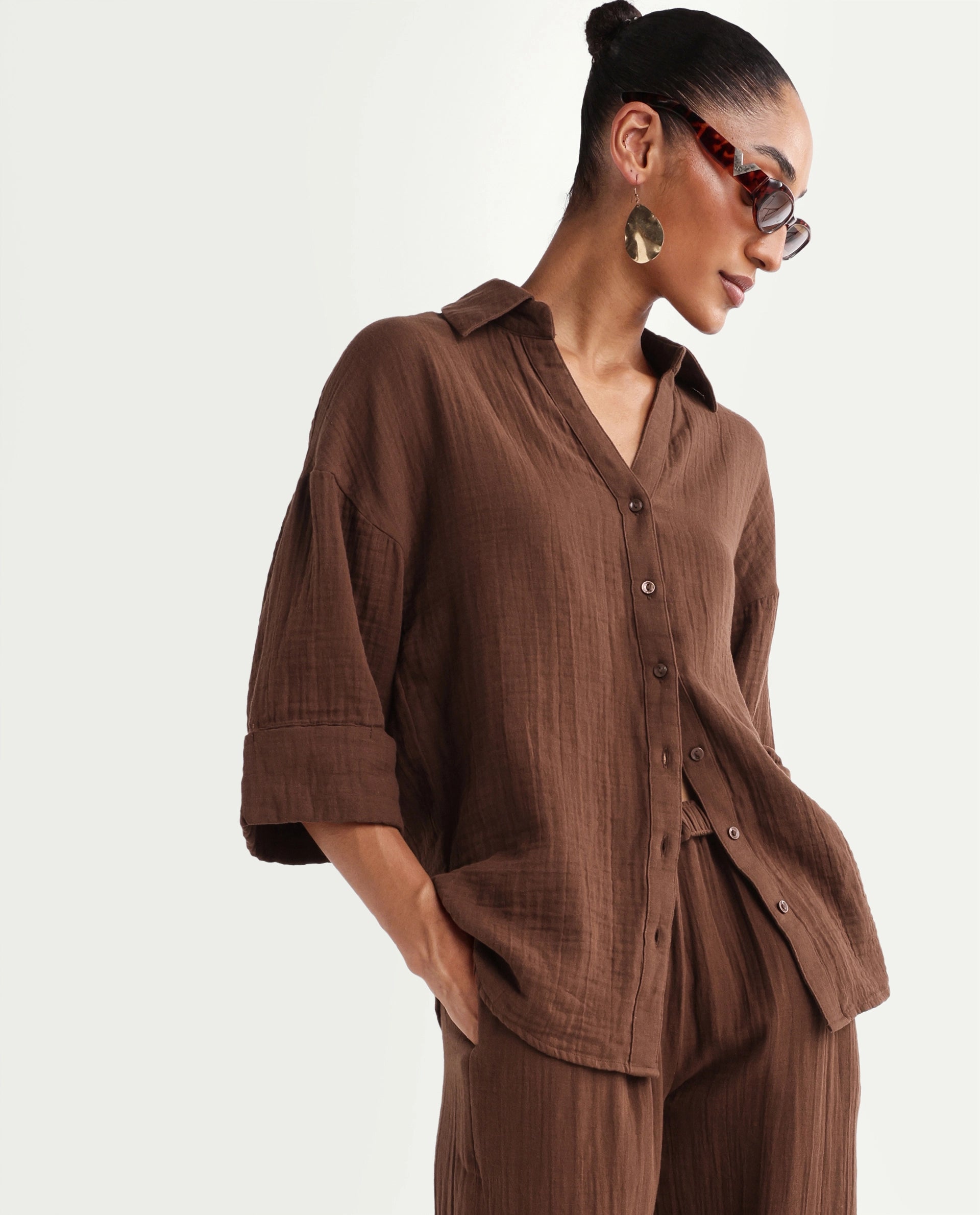 Rareism Women's Rudoc-T Brown Cotton Johnny Collar Oversized Plain Shirt