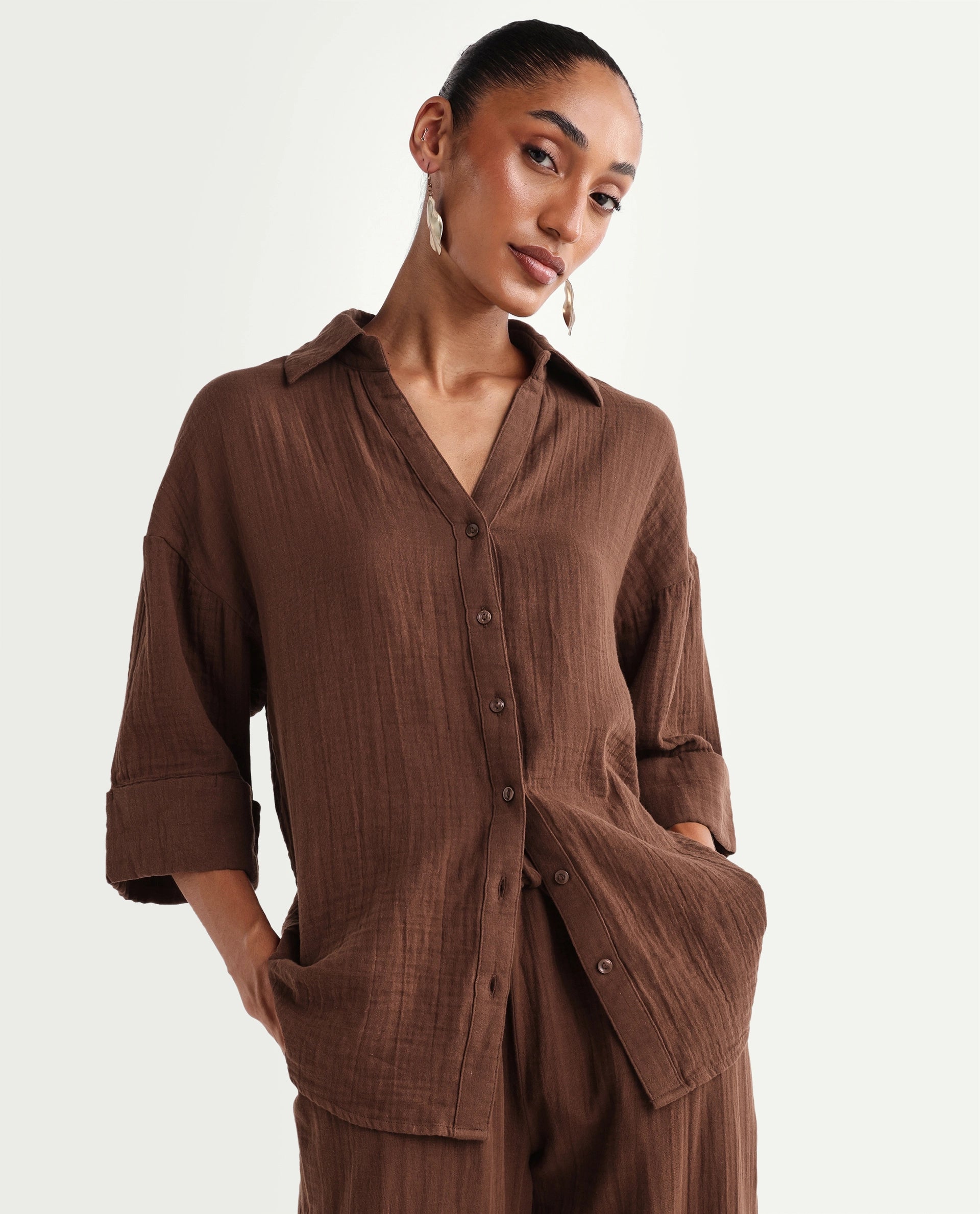Rareism Women's Rudoc-T Brown Cotton Johnny Collar Oversized Plain Shirt