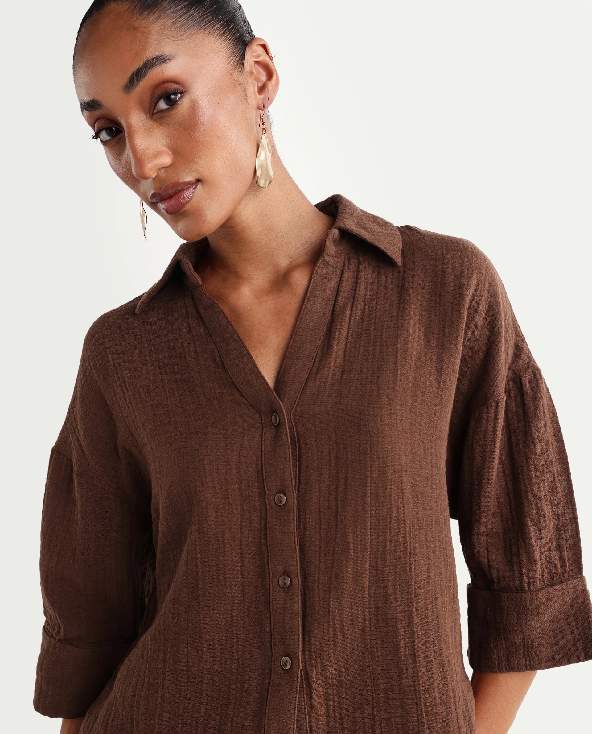 Rareism Women's Rudoc-T Brown Cotton Johnny Collar Oversized Plain Shirt