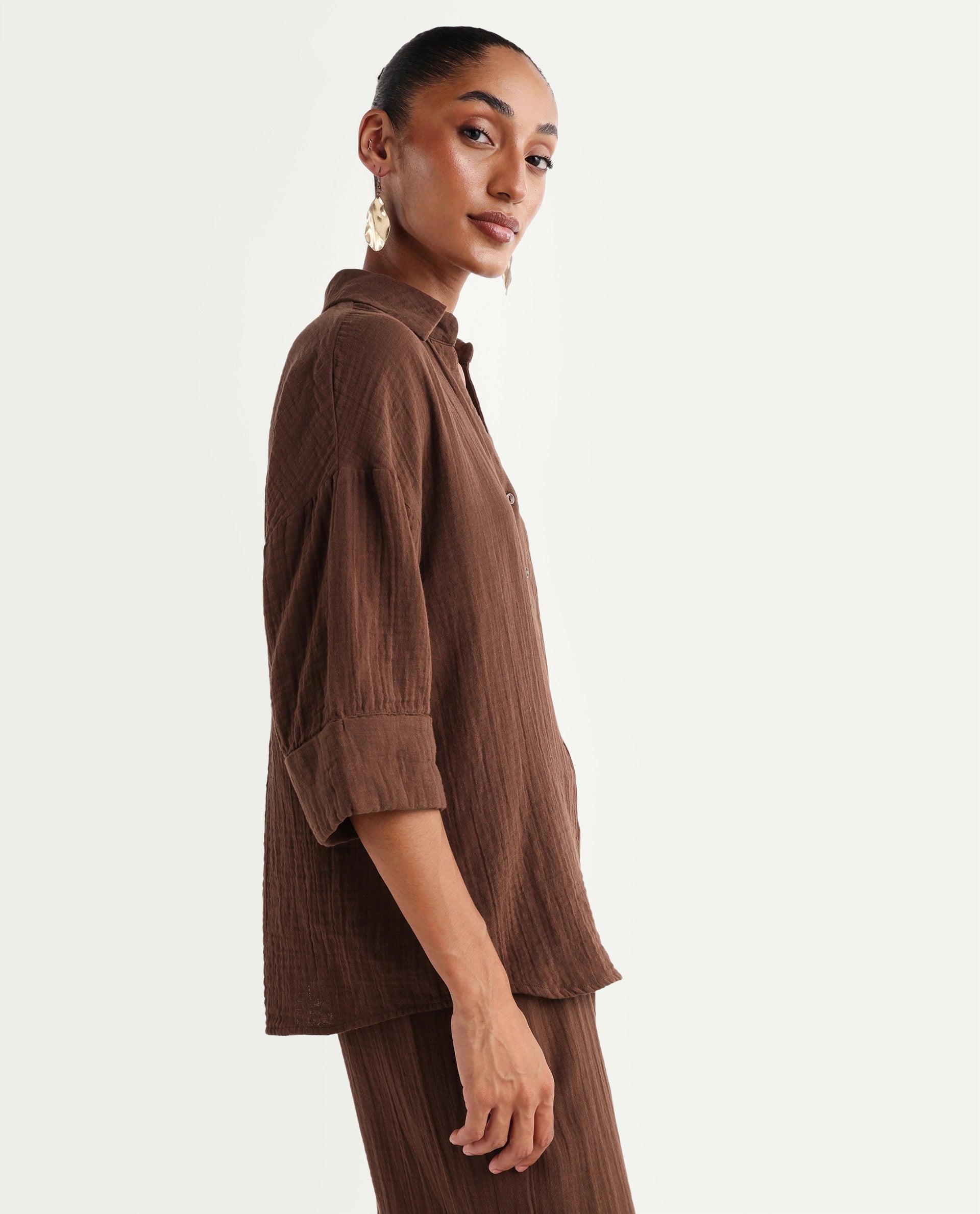 Rareism Women's Rudoc-T Brown Cotton Johnny Collar Oversized Plain Shirt