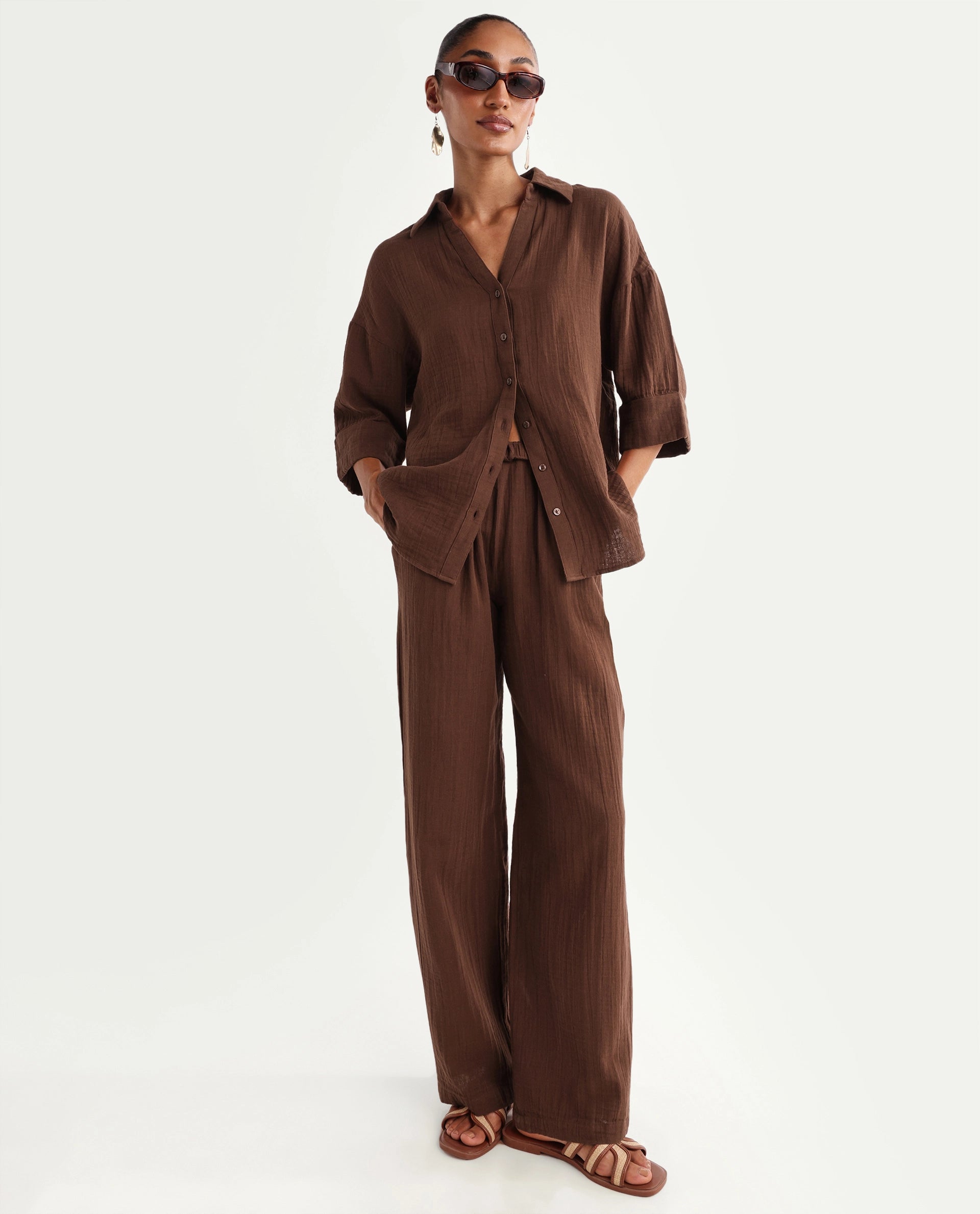 Rareism Women's Rudoc-T Brown Cotton Johnny Collar Oversized Plain Shirt