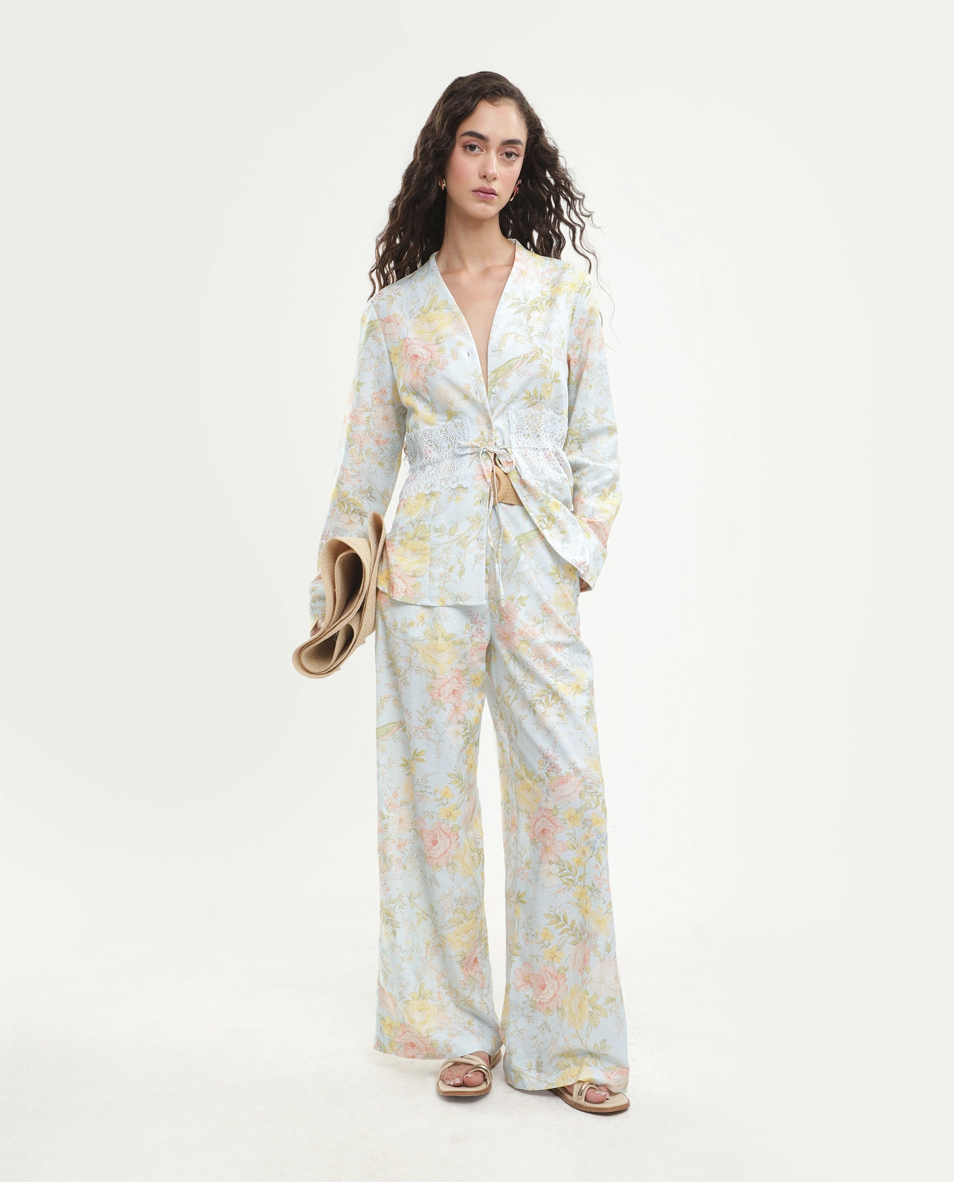 Rareism Women's Rufle-B Pastel Blue Viscose Blend Fabric Straight Floral Print Trouser