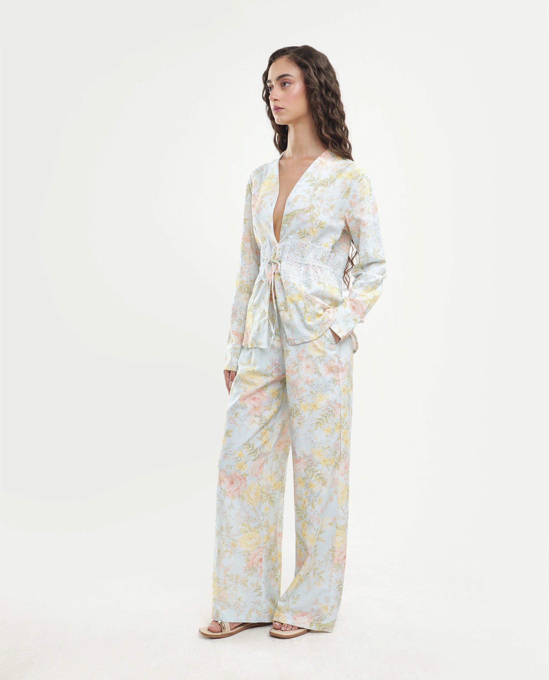 Rareism Women's Rufle-B Pastel Blue Viscose Blend Fabric Straight Floral Print Trouser