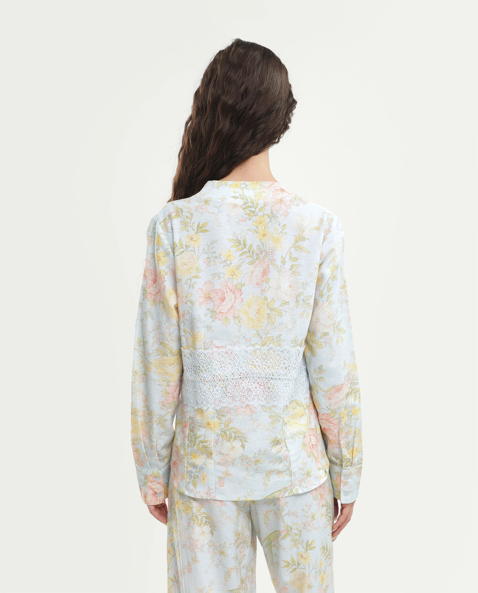 Rareism Women's Rufle-T Pastel Blue Viscose Blend Fabric Spread Collar Regular Floral Print Top