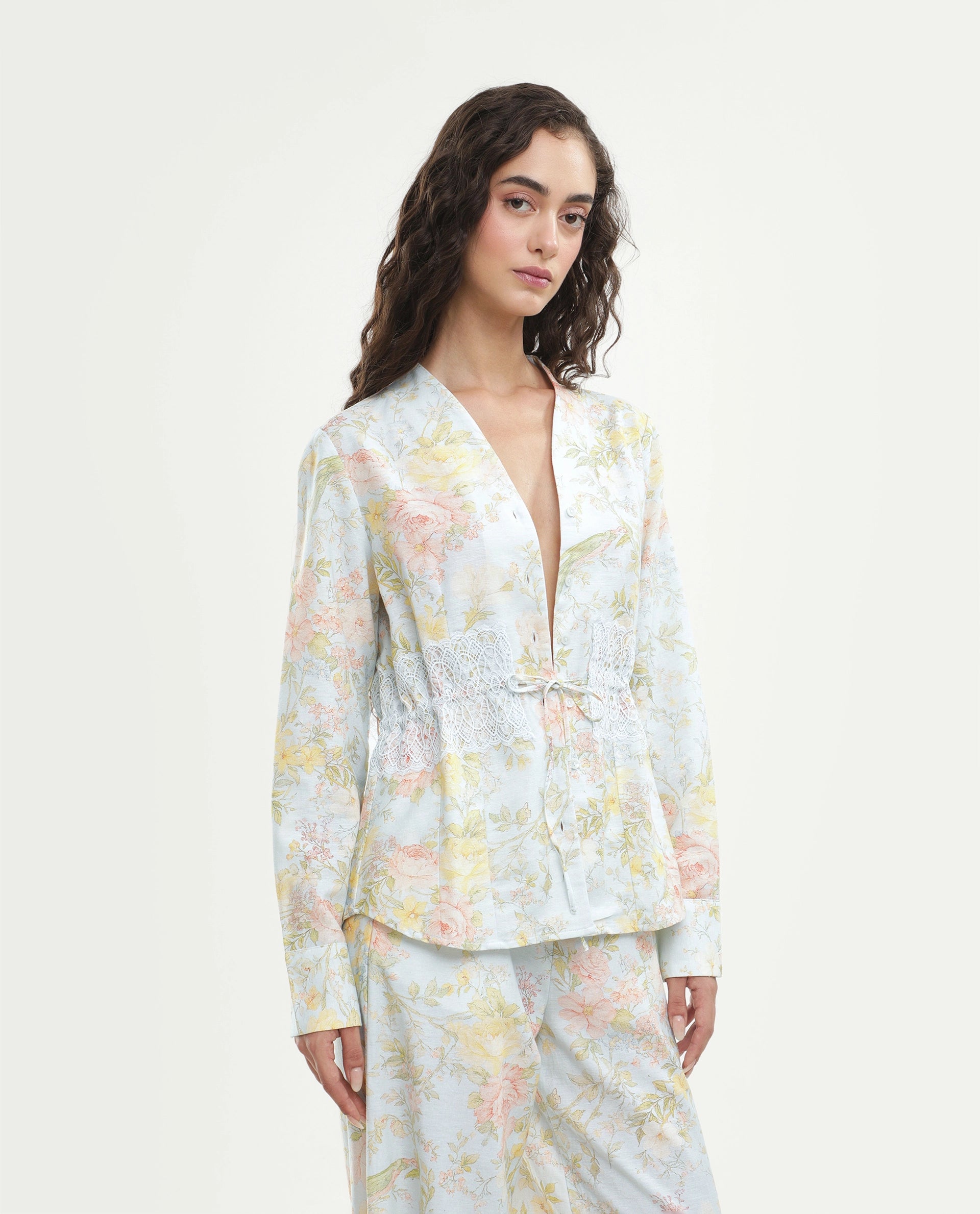 Rareism Women's Rufle-T Pastel Blue Viscose Blend Fabric Spread Collar Regular Floral Print Top