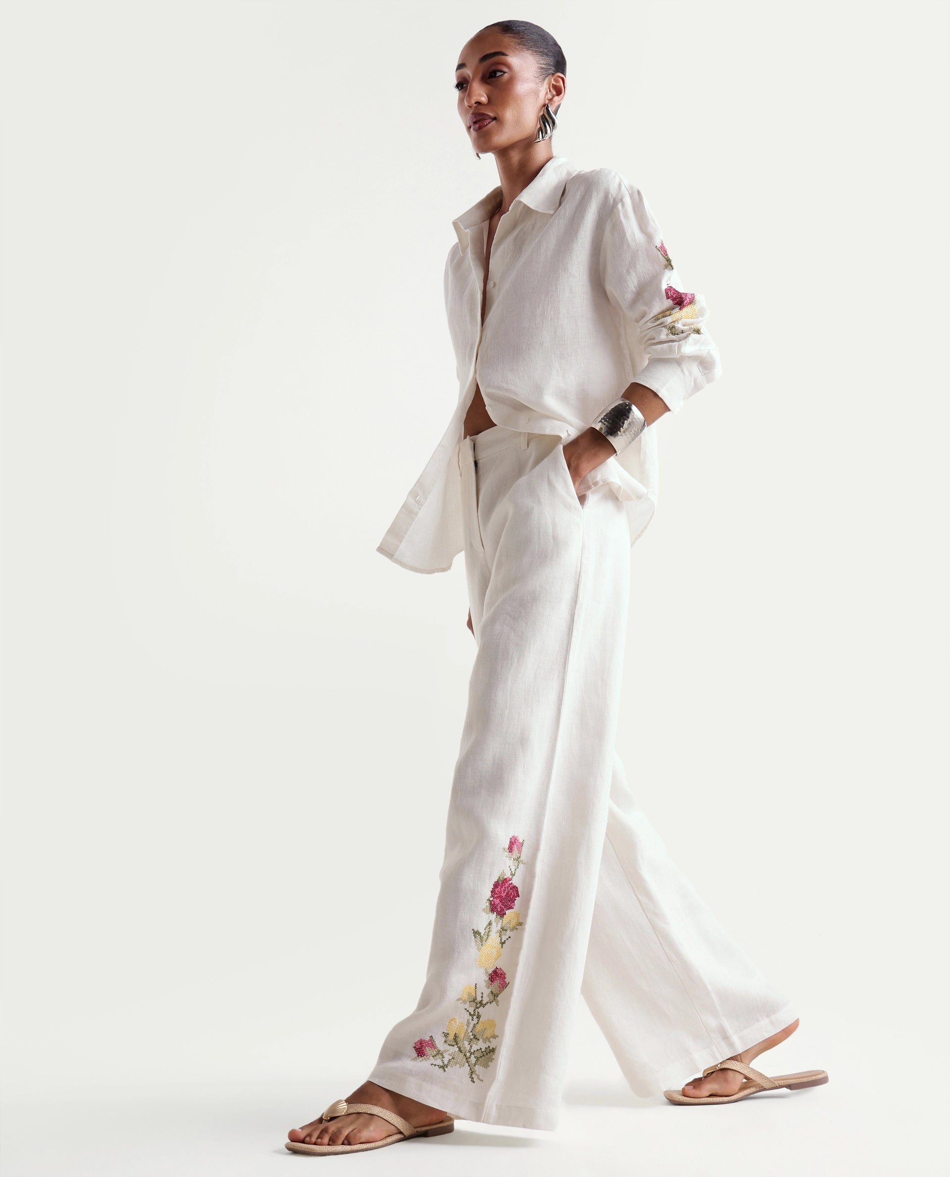 Rareism Women's Taish-B Light Off-White 100% Linen Wide Plain Trouser