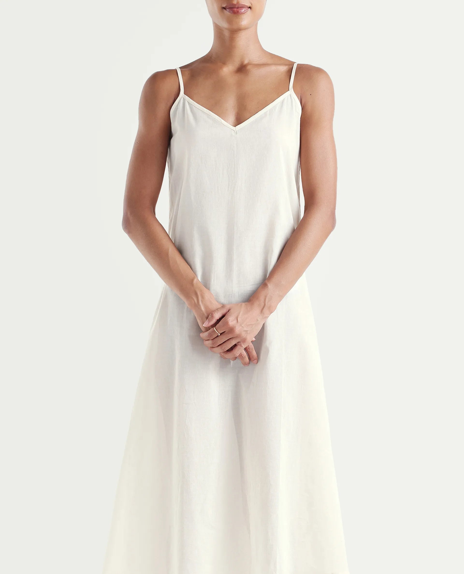 Rareism Women's Tiana Off White 100% Linen Mandarin Collar Button Relaxed Plain Dress