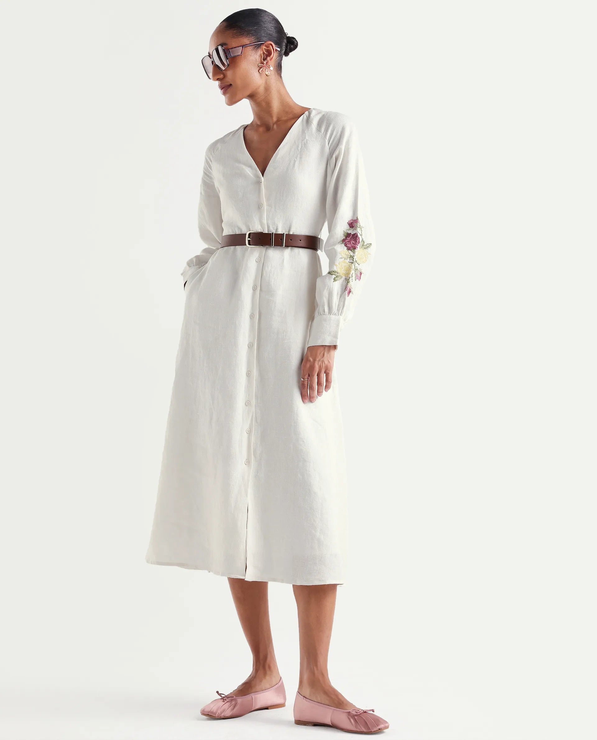 Rareism Women's Tiana Off White 100% Linen Mandarin Collar Button Relaxed Plain Dress