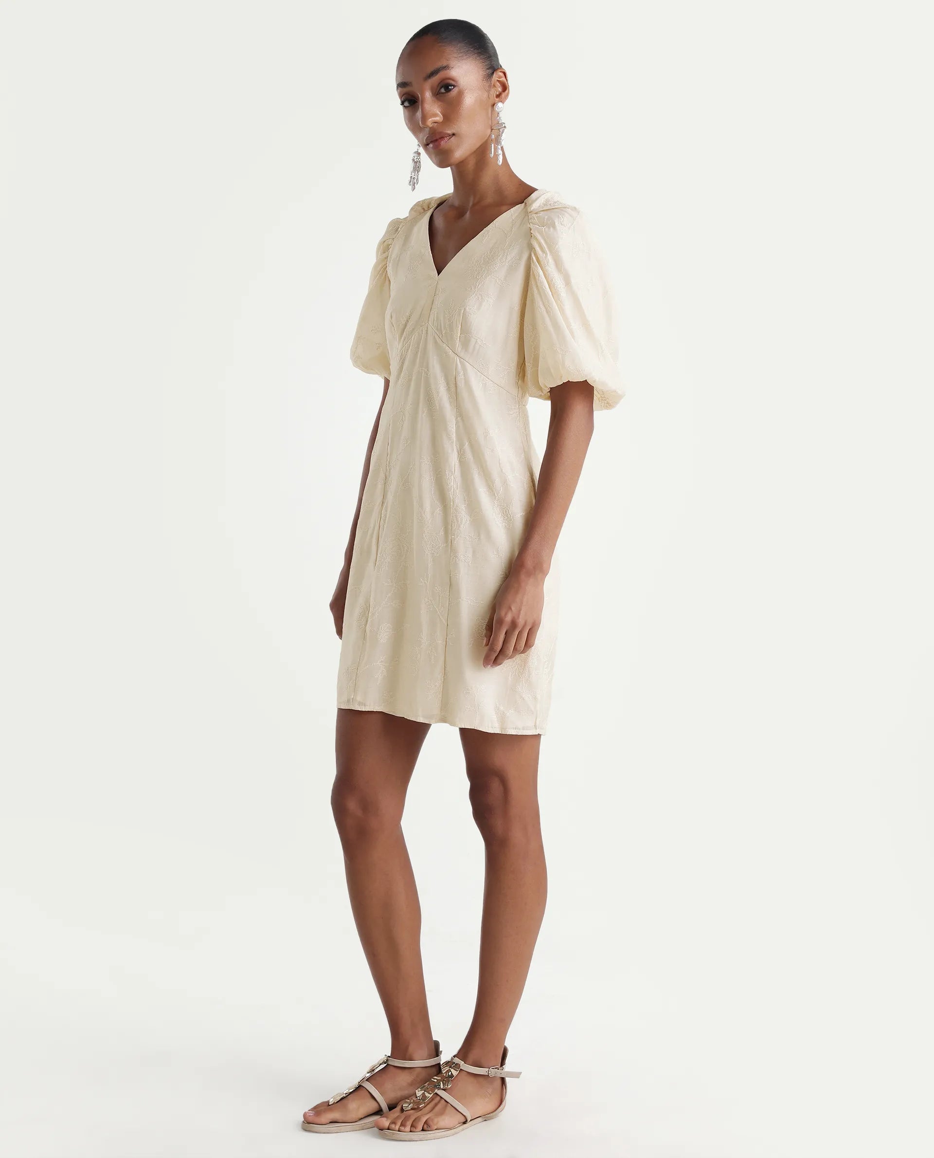 Rareism Women's Tash Pastel Beige Viscose Bodycon Plain Dress