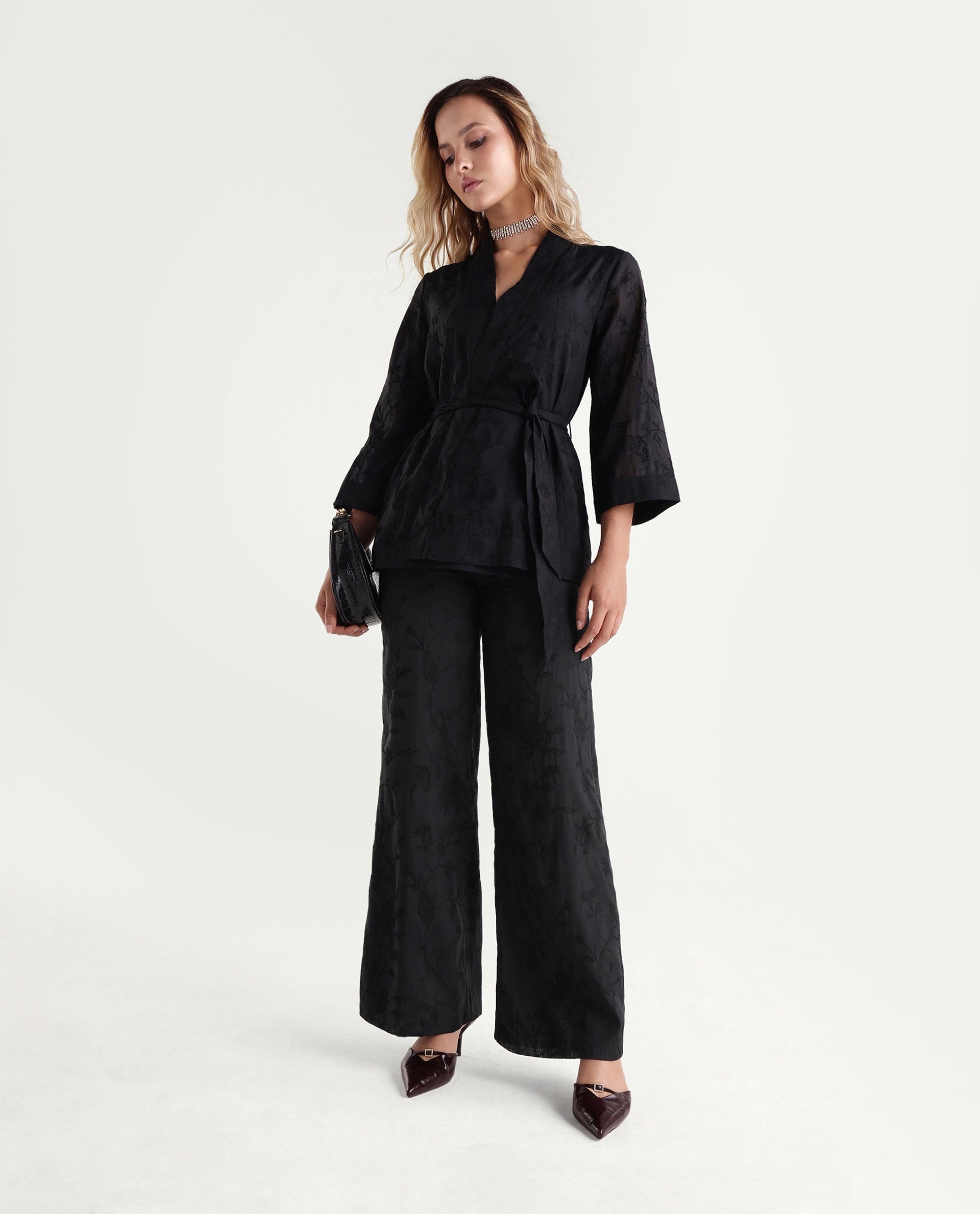 Rareism Women's Tezo-B Black Self Design Viscose Wide Leg Regular Trouser