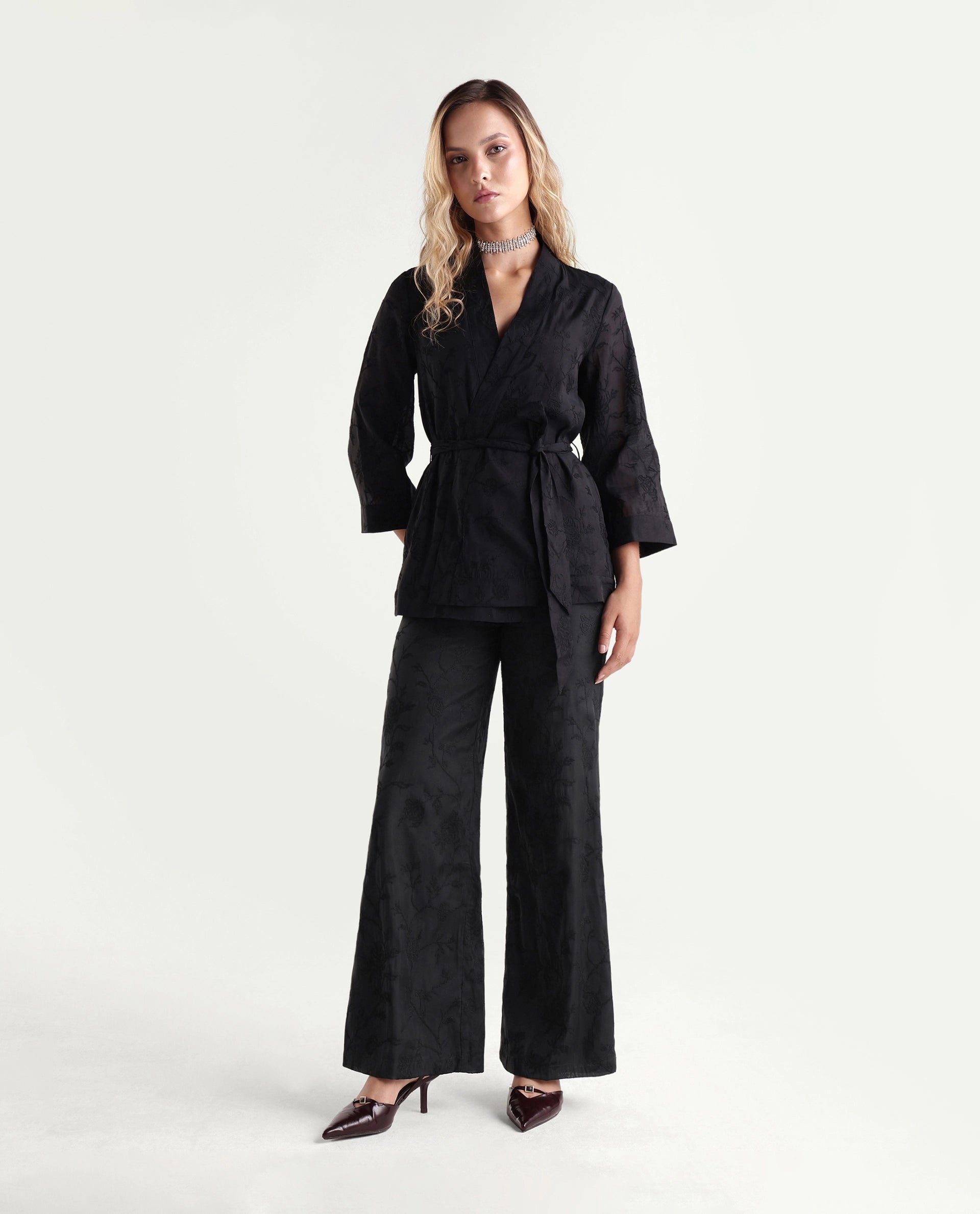 Rareism Women's Tezo-B Black Self Design Viscose Wide Leg Regular Trouser