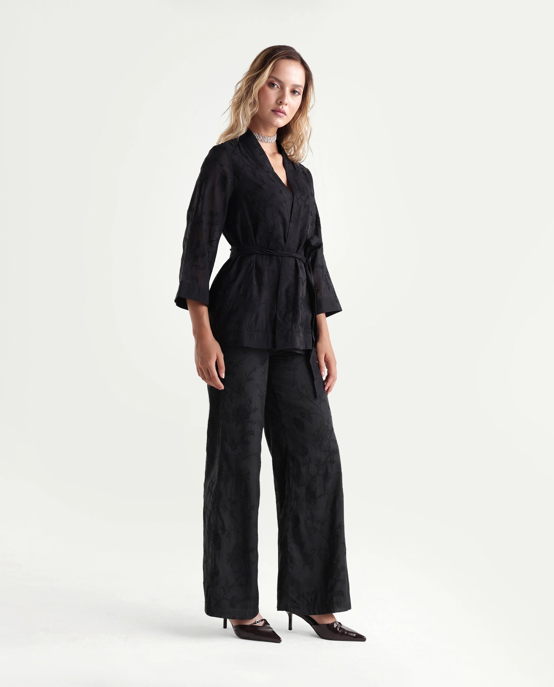 Rareism Women's Tezo-B Black Self Design Viscose Wide Leg Regular Trouser