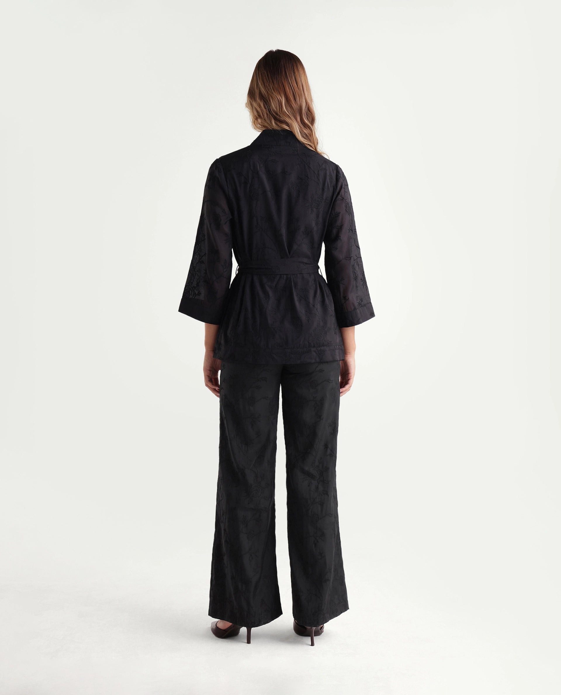 Rareism Women's Tezo-B Black Self Design Viscose Wide Leg Regular Trouser