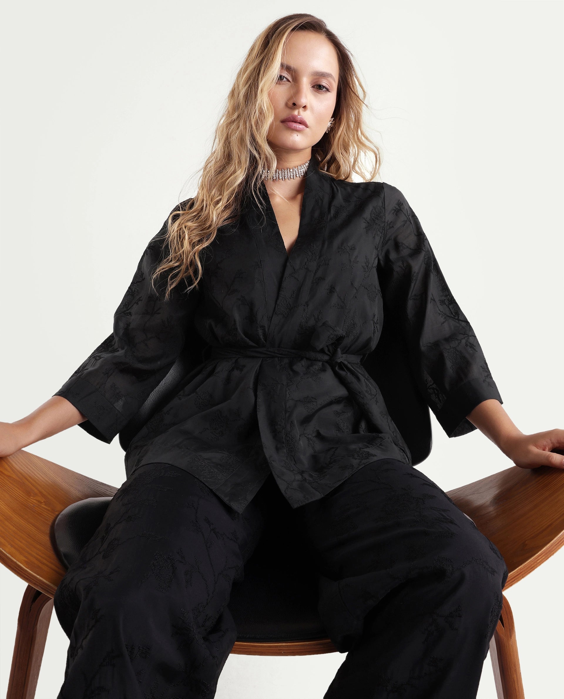 Rareism Women's Tezo-T Black Jacquard Viscose Wrap Three Quarter Sleeve Shrug