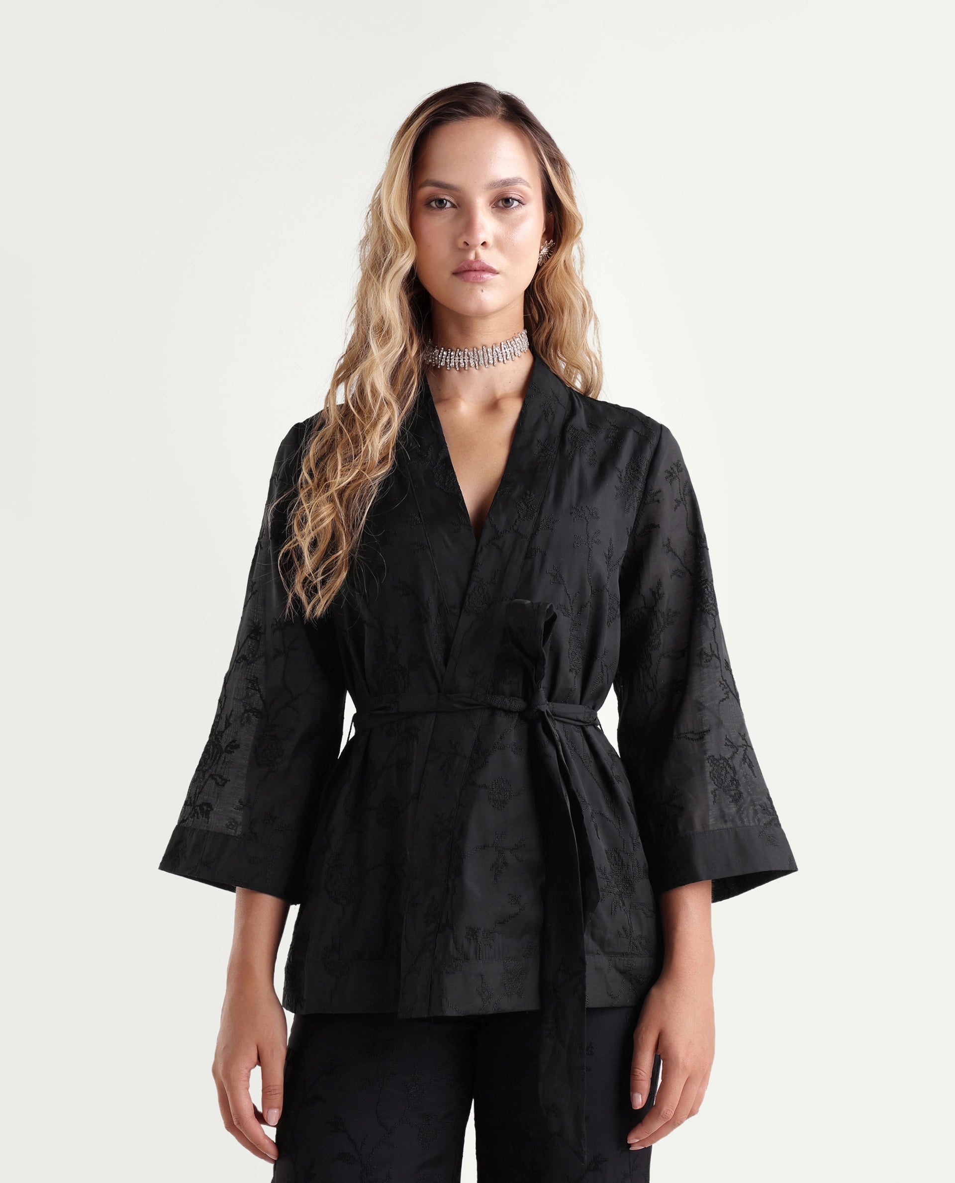 Rareism Women's Tezo-T Black Jacquard Viscose Wrap Three Quarter Sleeve Shrug