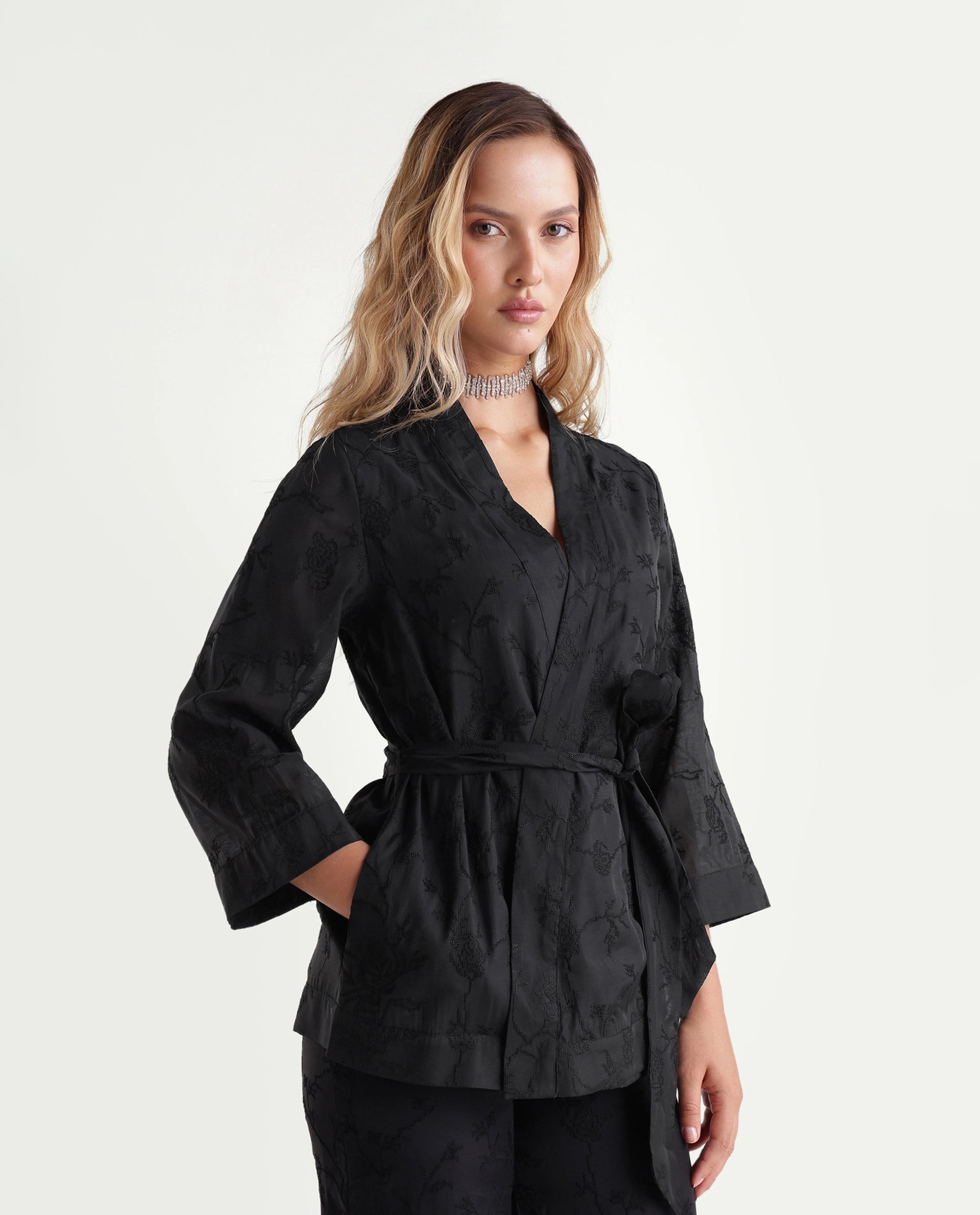 Rareism Women's Tezo-T Black Jacquard Viscose Wrap Three Quarter Sleeve Shrug