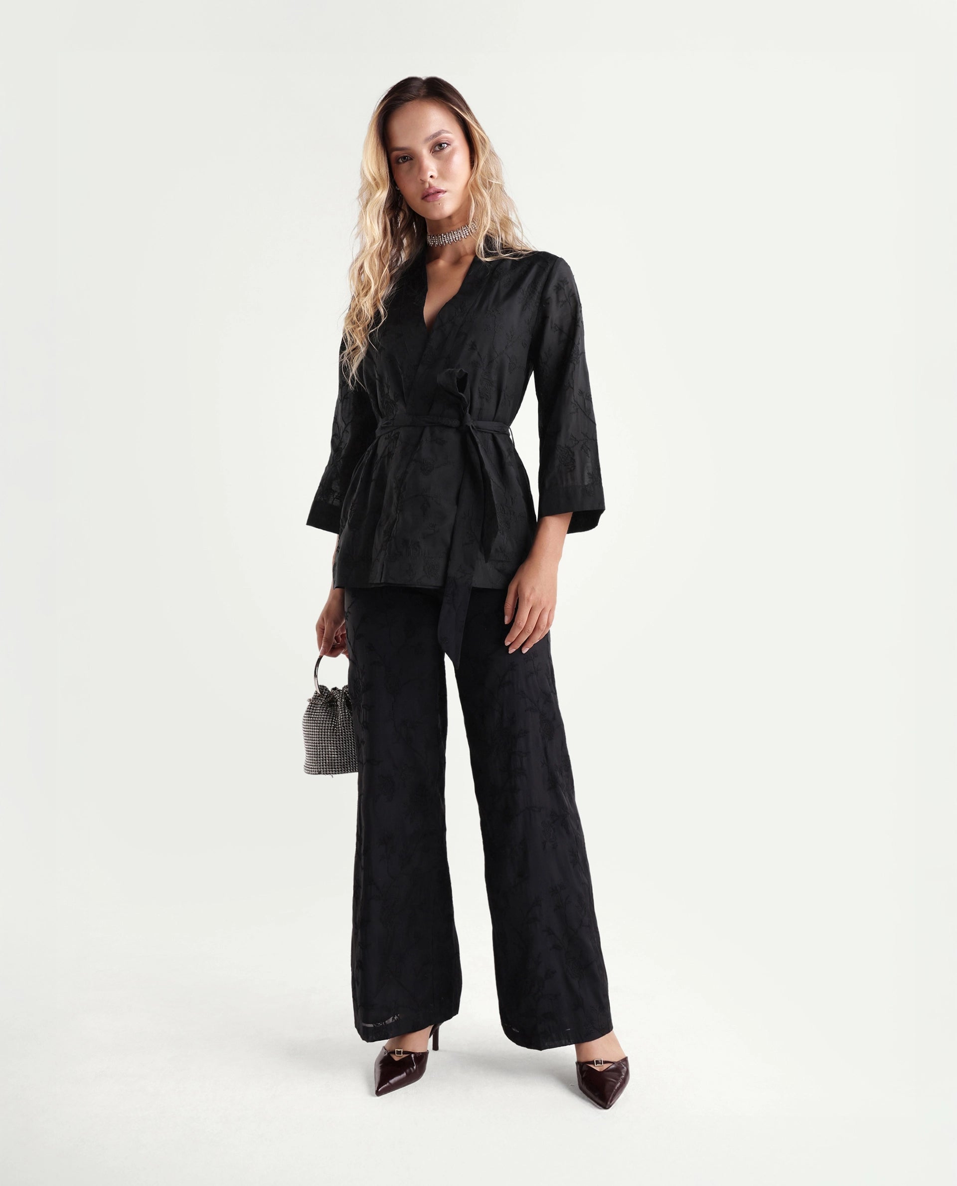 Rareism Women's Tezo-T Black Jacquard Viscose Wrap Three Quarter Sleeve Shrug