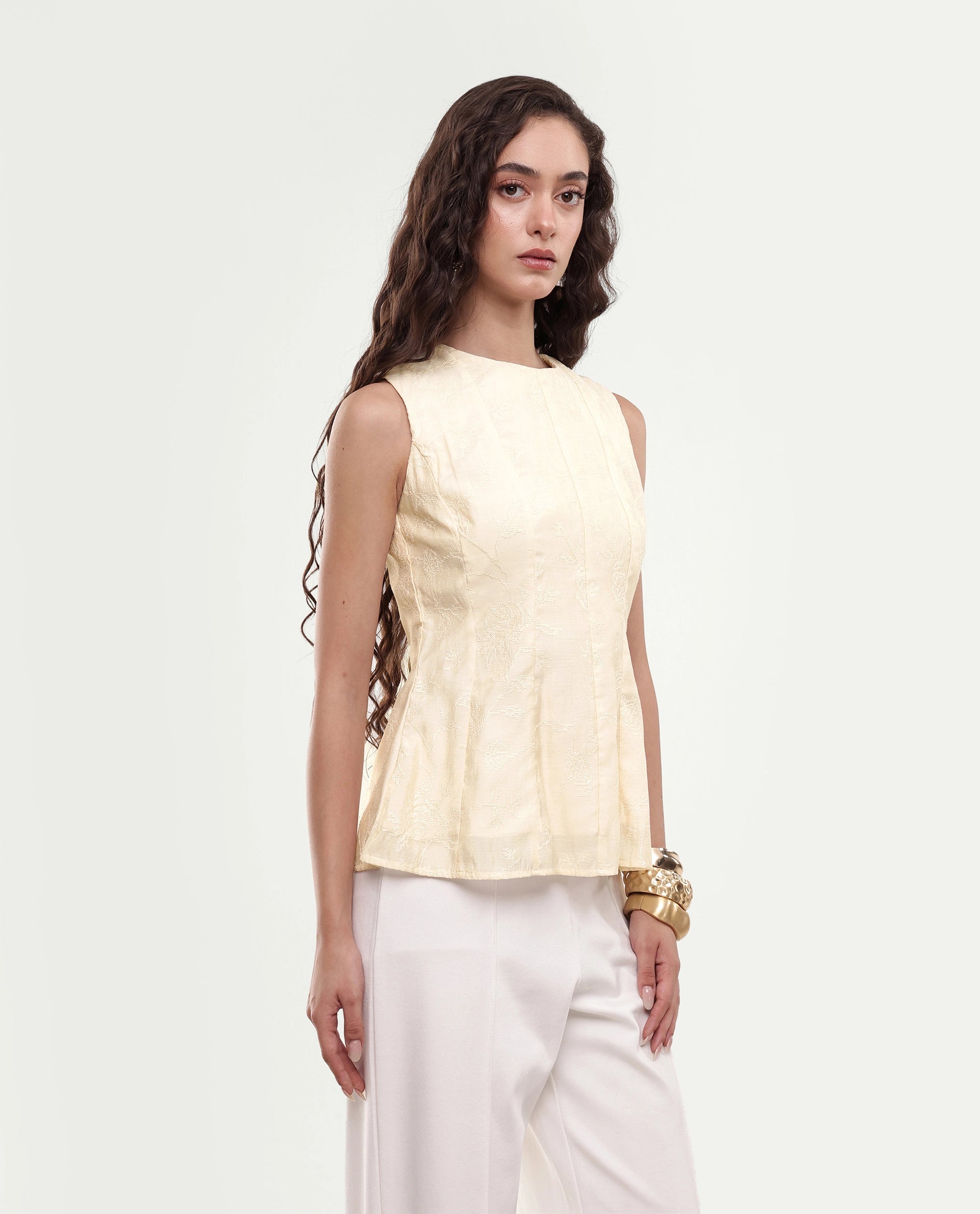 Rareism Women's Tish Pastel Beige Viscose Button And Zip Fit And Flare Plain Top