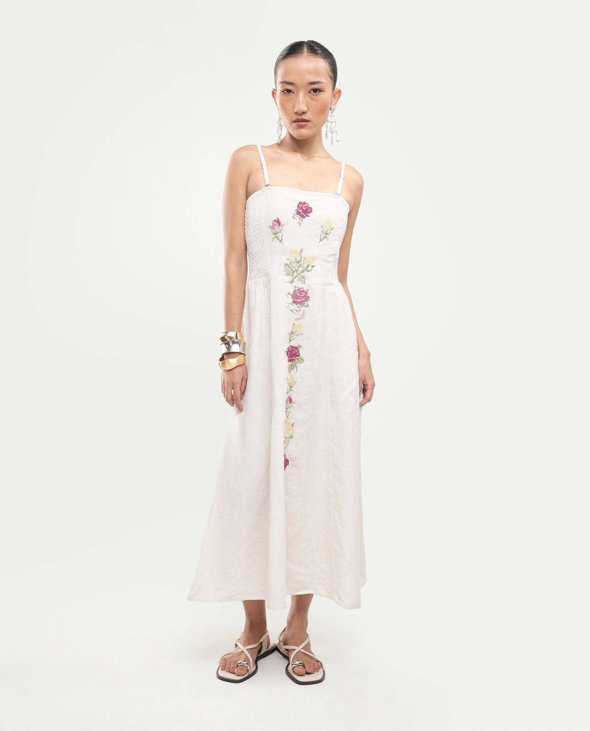 Rareism Women's Treler Light Off-White Linen Tube Neck Fit And Flare Plain Dress