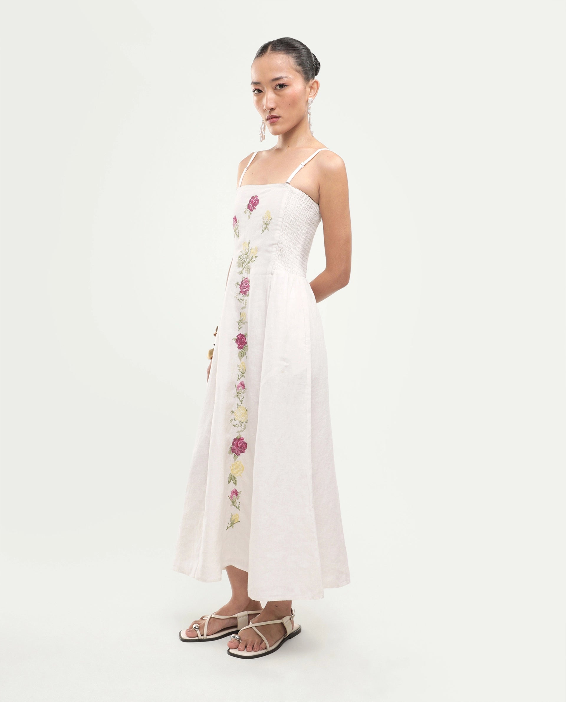 Rareism Women's Treler Light Off-White Linen Tube Neck Fit And Flare Plain Dress