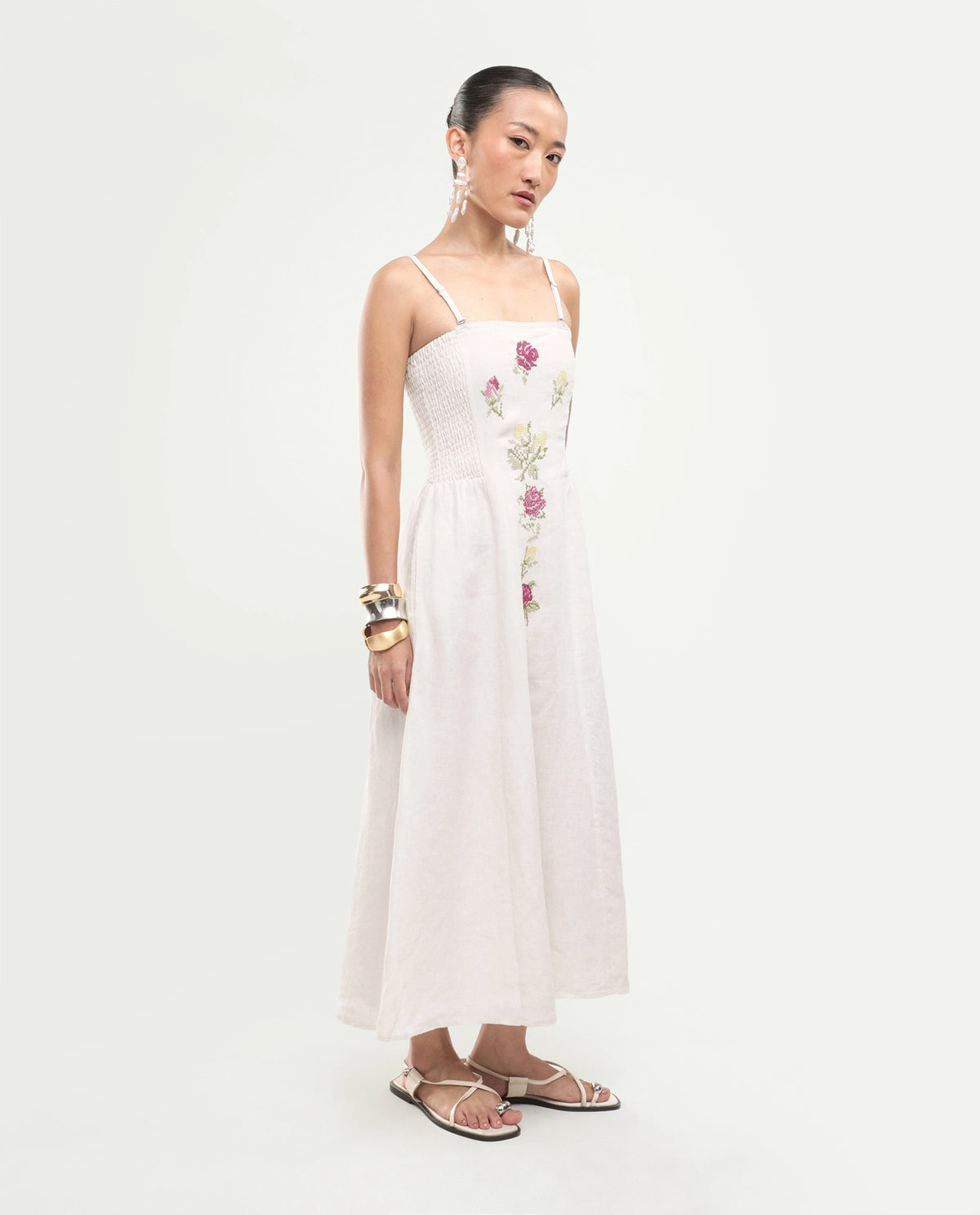 Rareism Women's Treler Light Off-White Linen Tube Neck Fit And Flare Plain Dress