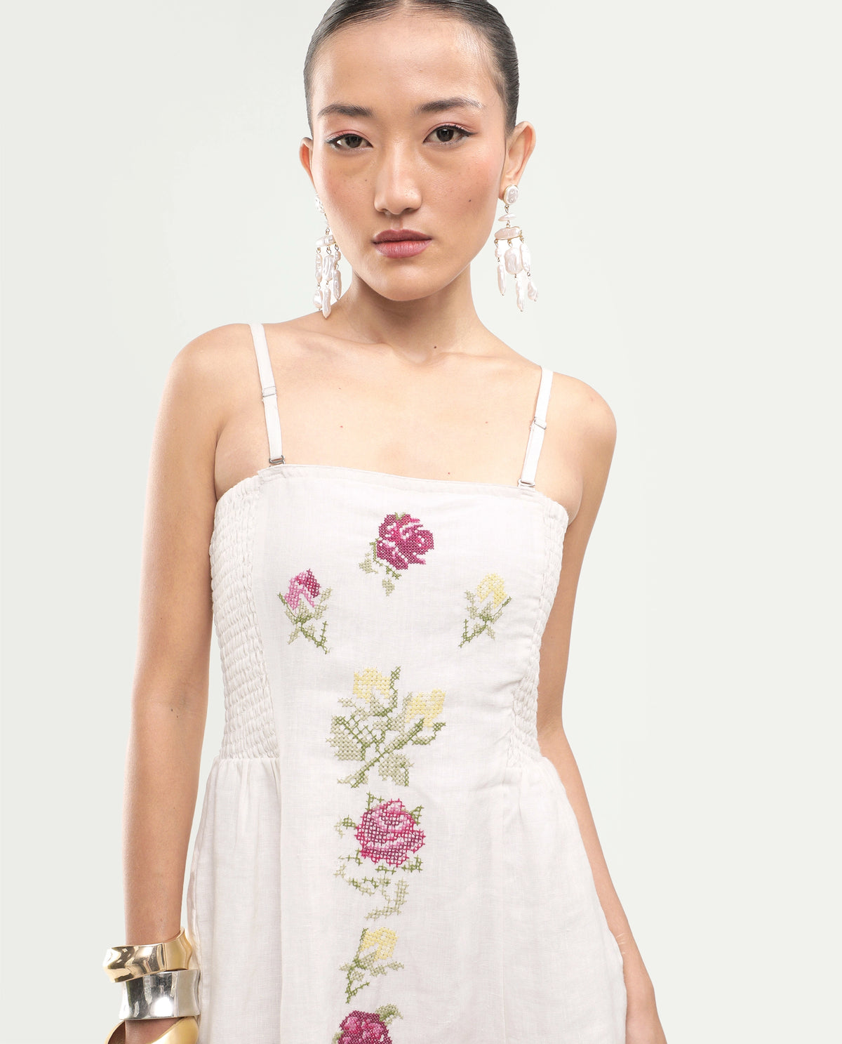 Rareism Women's Treler Light Off-White Linen Tube Neck Fit And Flare Plain Dress