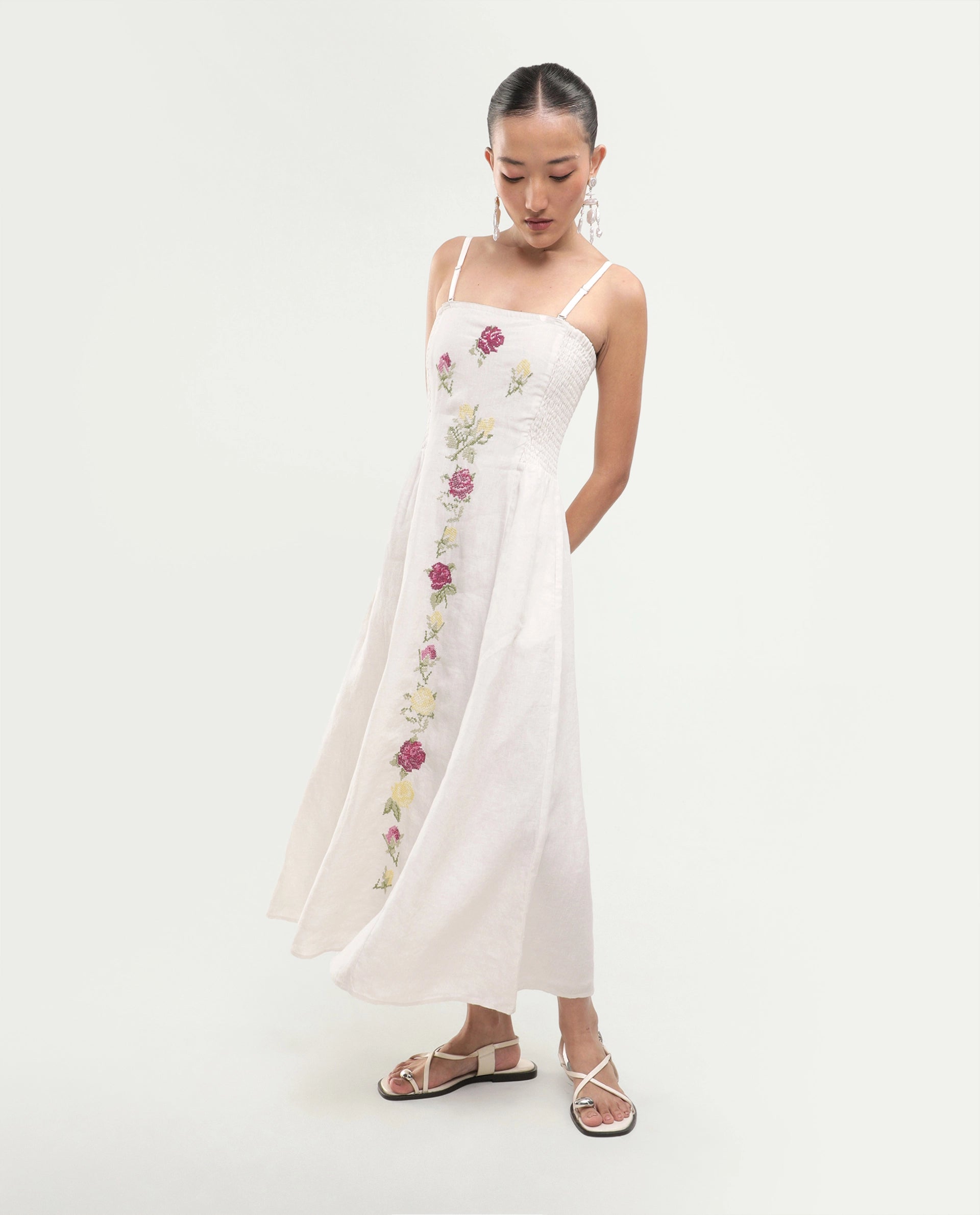 Rareism Women's Treler Light Off-White Linen Tube Neck Fit And Flare Plain Dress