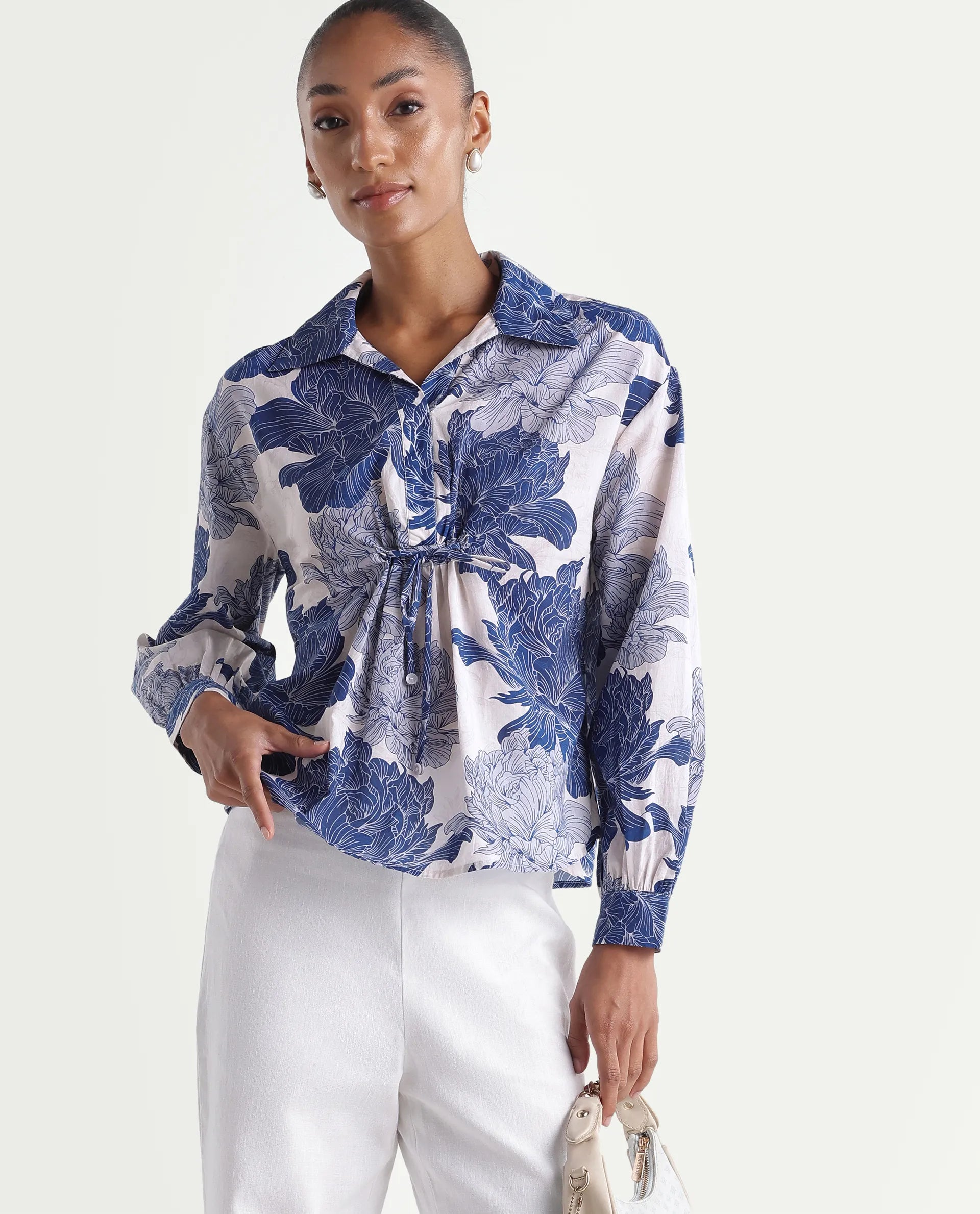 Rareism Women's Vetot Blue Cotton Johnny Collar Relaxed Floral Print Top