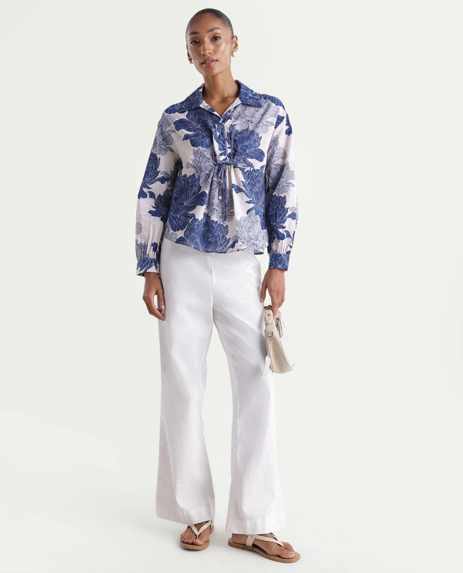 Rareism Women's Vetot Blue Cotton Johnny Collar Relaxed Floral Print Top