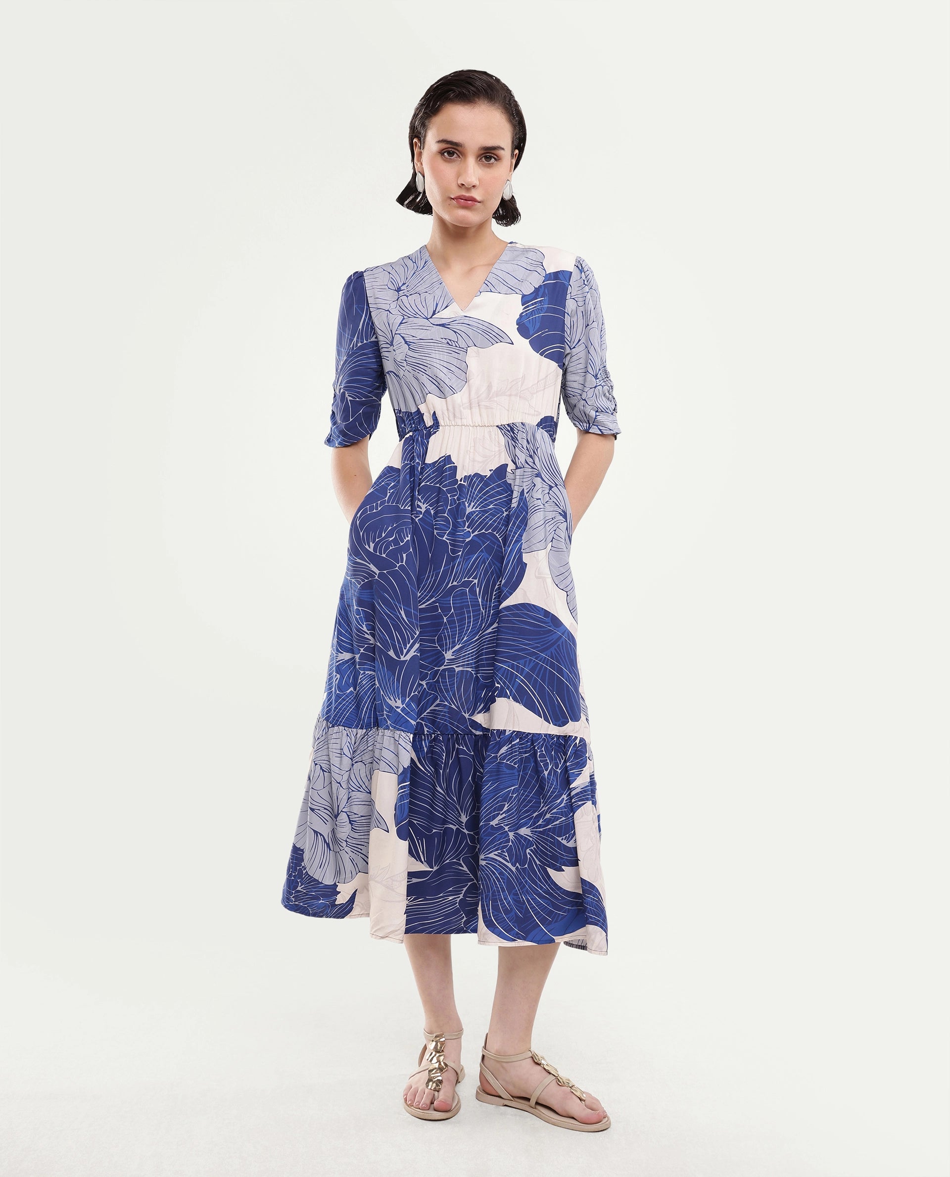 Rareism Women's Vuxon Blue Viscose V-Neck Fit And Flare Floral Print Dress