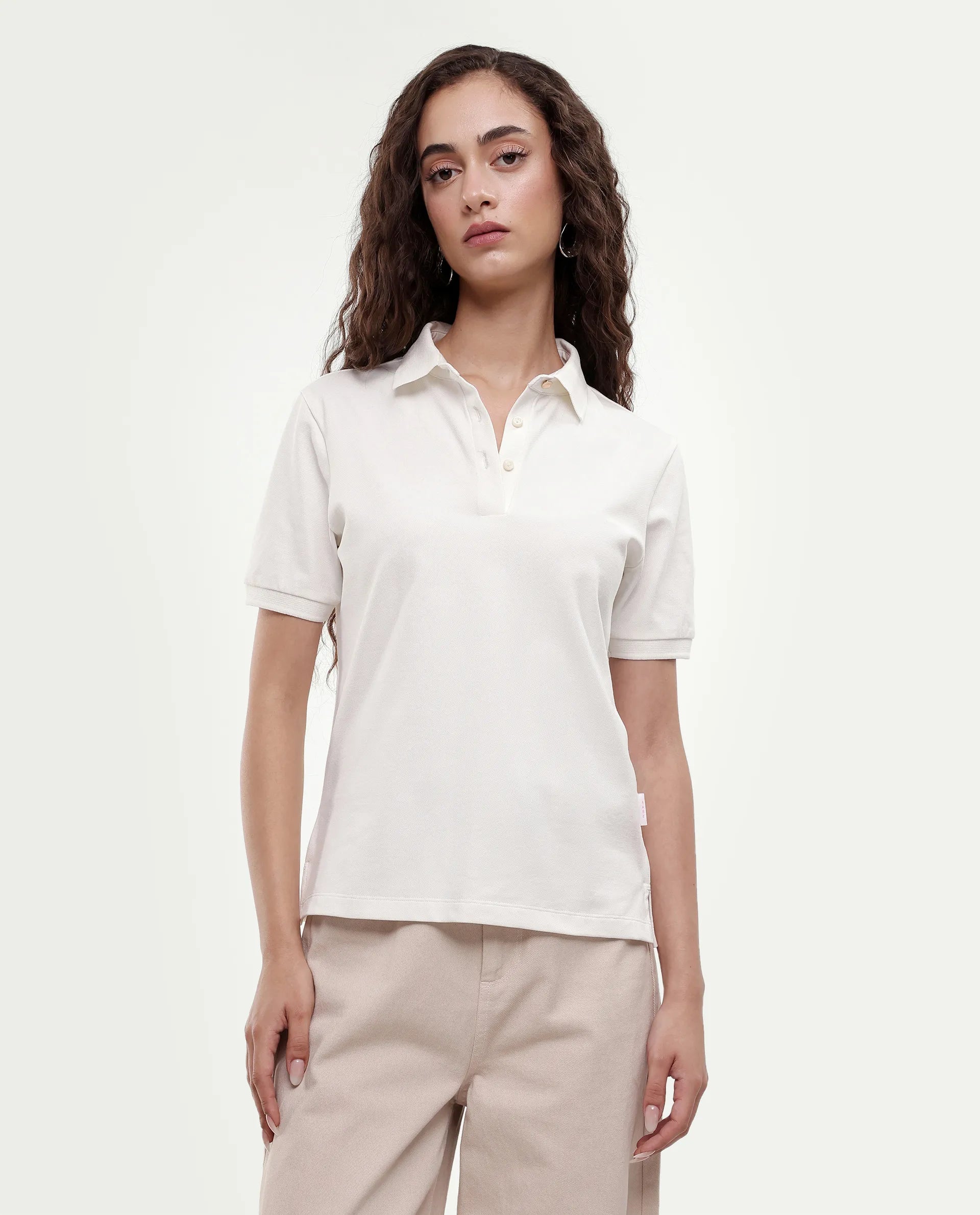 Rareism Women's Basic Rr-Corp-Elane White Cotton CollaredRegular Plain Polo