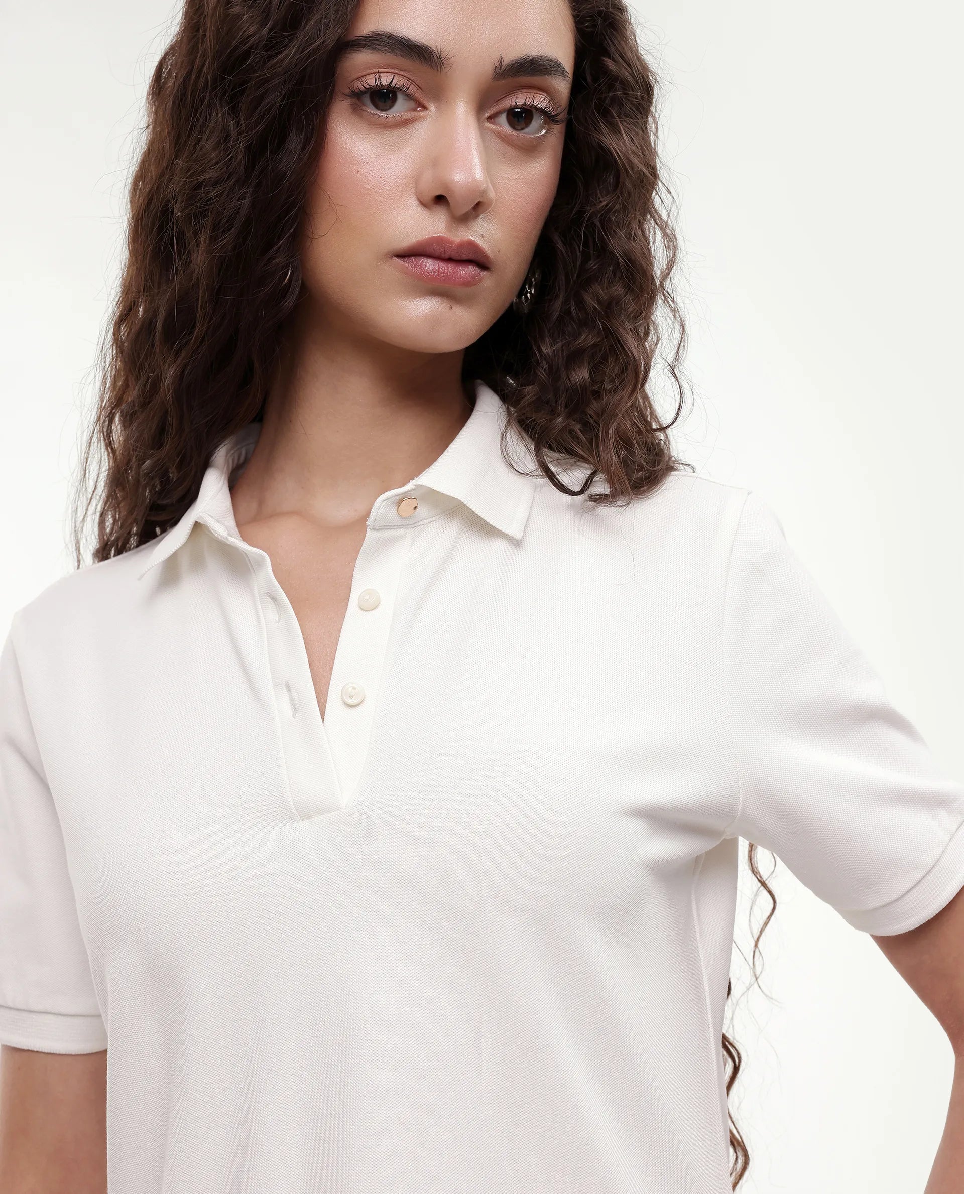 Rareism Women's Basic Rr-Corp-Elane White Cotton CollaredRegular Plain Polo