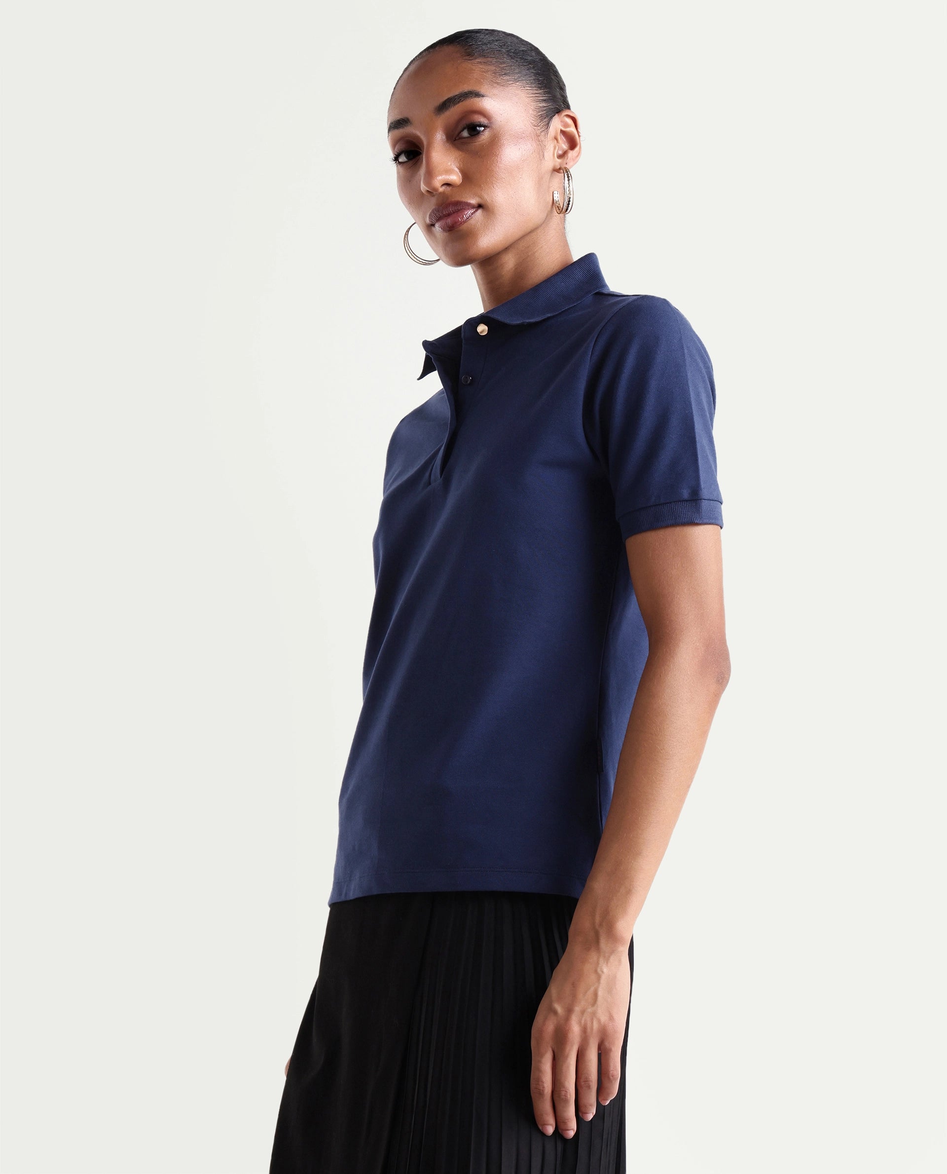 Rareism Women's Basic Rr-Corp-Elane Navy Cotton CollaredRegular Plain Polo